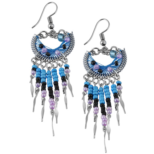 Handmade Peruvian Blue Silk Thread Beaded Crescent Dangle Earrings - Stainless Steel Jewelry for Women | Boho Chic Accessories for Parties, Weddings & Everyday Wear