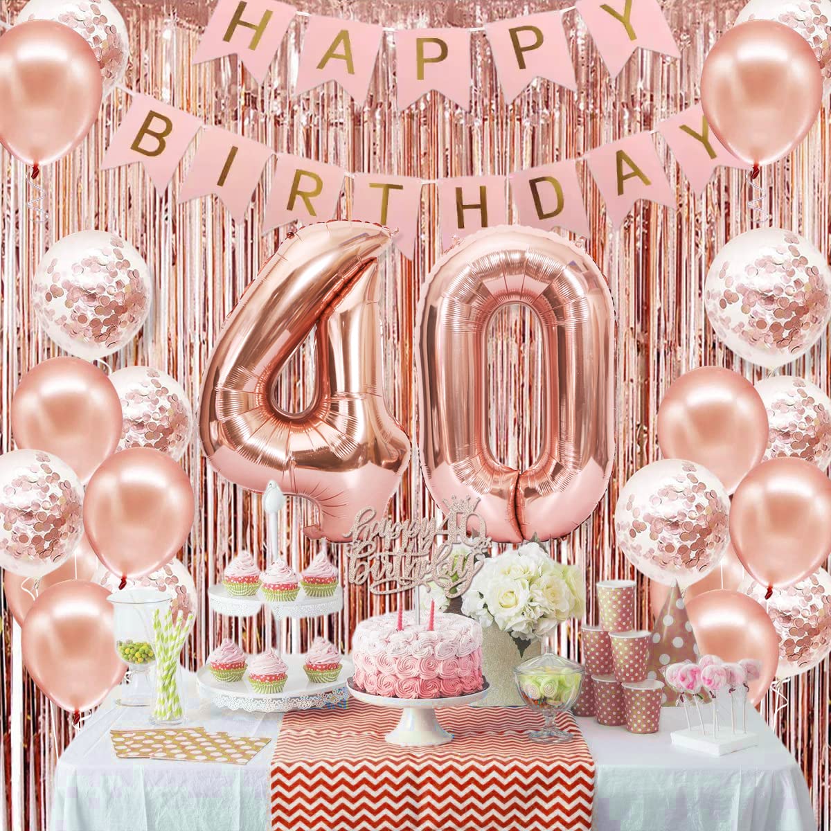 Rose Gold 40th Birthday Party Decorations Set for Women - Banner, Crown, Sash, Cake Topper & Number Balloons - Elegant 40th Birthday Party Supplies for Women's Milestone Celebration - Perfect for Birthday Parties, Surprise Events & Photo Backdrops