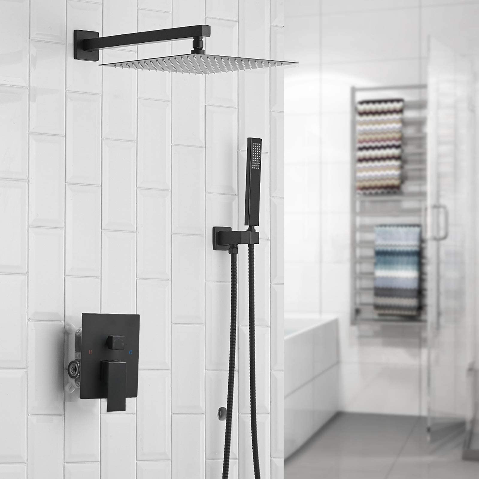Matte Black Waterfall Bathroom Faucet with Pop Up Drain - 12 Inch Rainfall Shower Head & Handheld Spray Mixer - Wall Mounted Shower System for Modern Bathrooms (Ideal for Spa-Like Showers and Luxurious Bathroom Upgrades)