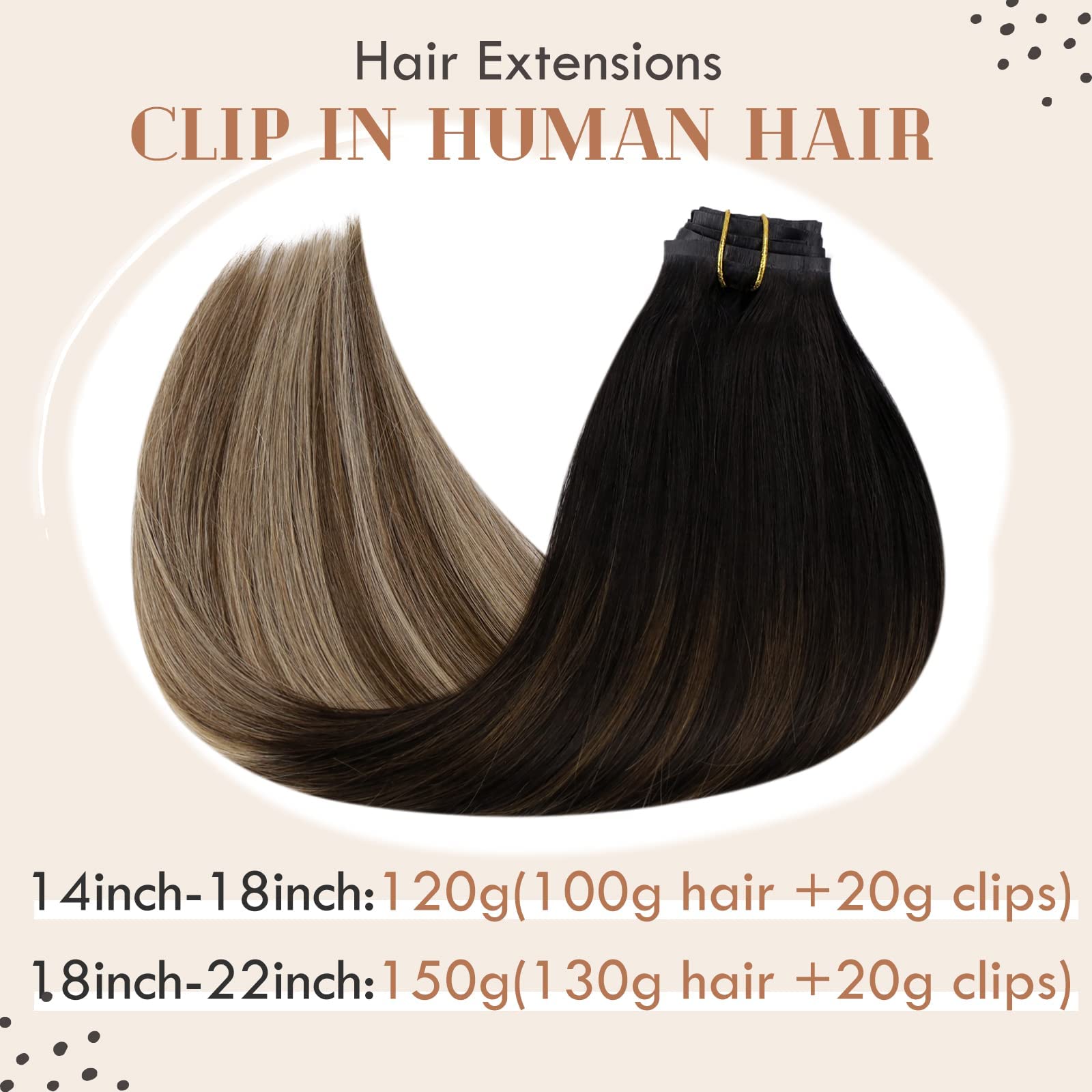Vivien Clip-in Human Hair Extensions 22 Inch - Balayage Brown Ombre Long Straight Hair - 7pcs 135g Seamless Soft PU Weft for Natural Volume & Length | Perfect for Parties, Weddings & Daily Styling