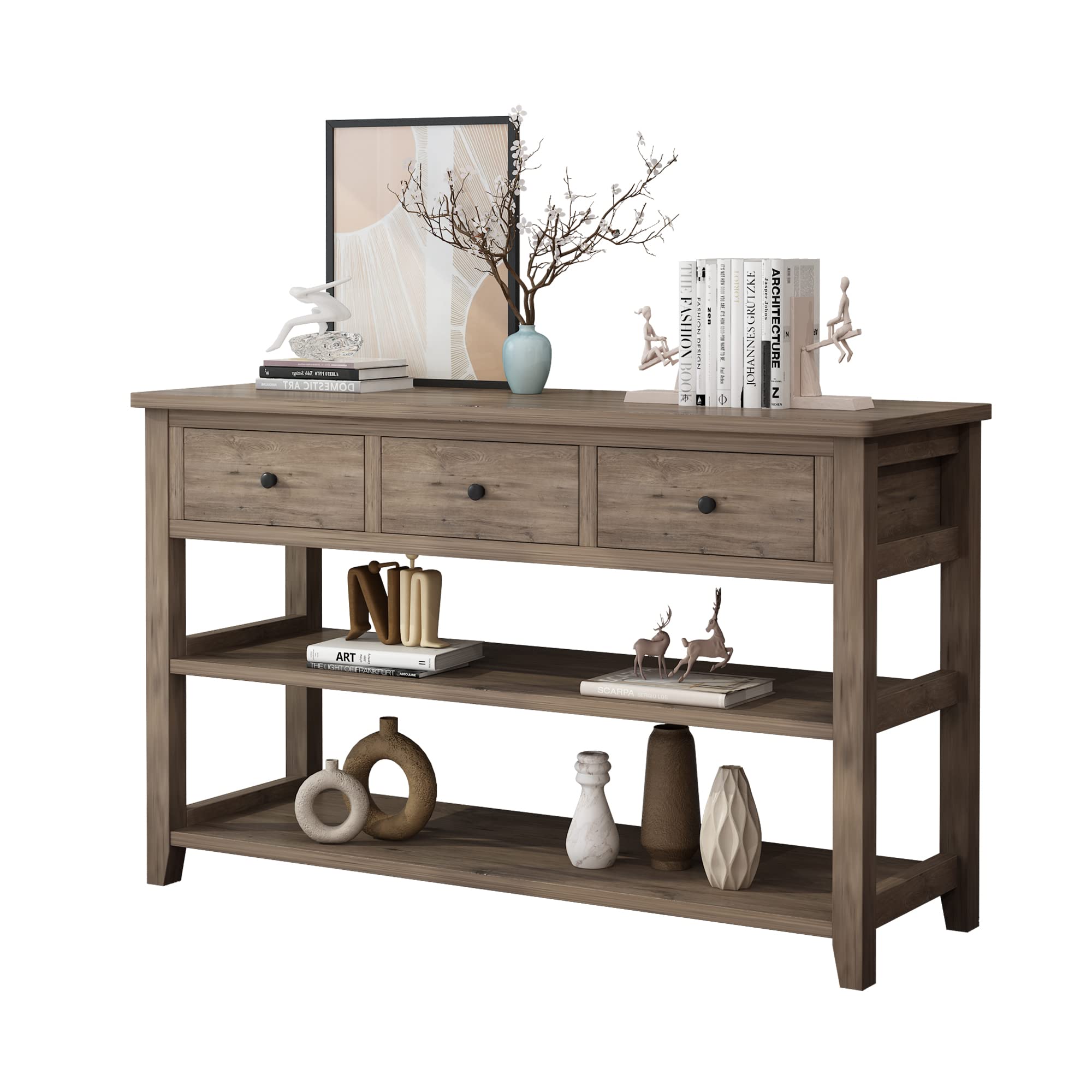 Modern 3-Tier Console Table with 3 Drawers & Storage Shelves - Narrow Entryway Sofa Table for Living Room, Hallway, Bedroom - Space-Saving Grey Sideboard for Small Apartments & Home Decor