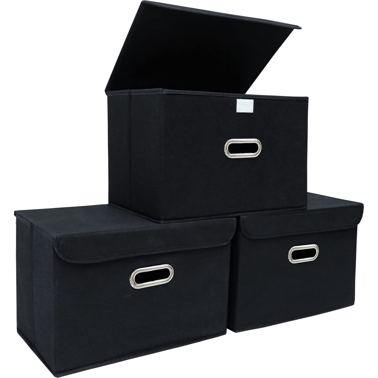 STOREONE 3-Pack Fabric Storage Bins with Lids & Metal Handles - Foldable Closet Organizer, Collapsible Cube Baskets for Bedroom, Home Organization - Perfect for Toys, Blankets & Seasonal Storage (Black)