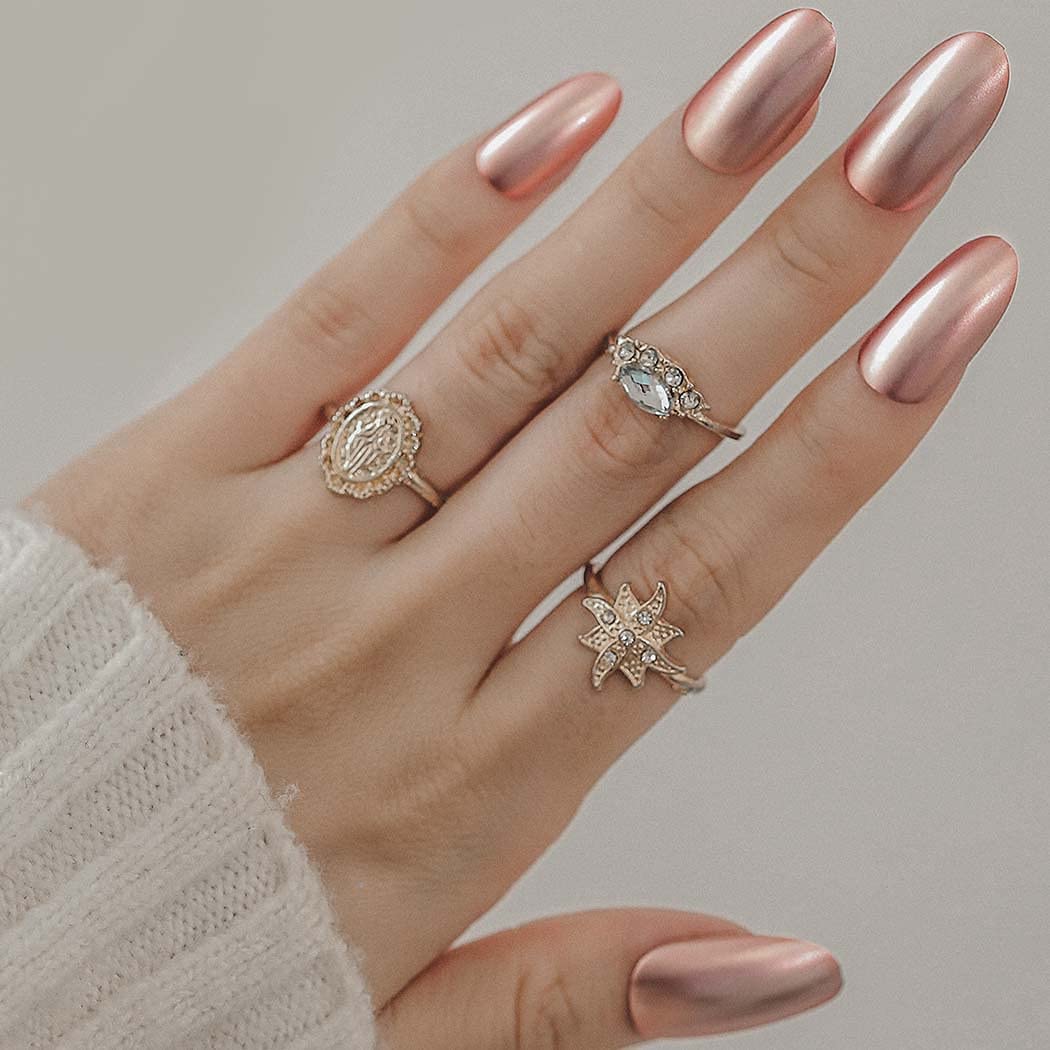 Artificial Almond Shape Bridal Fake Nails - Rose Gold Metallic Acrylic Press On Nails with Brush On Glue for Wedding, Party & Special Occasions