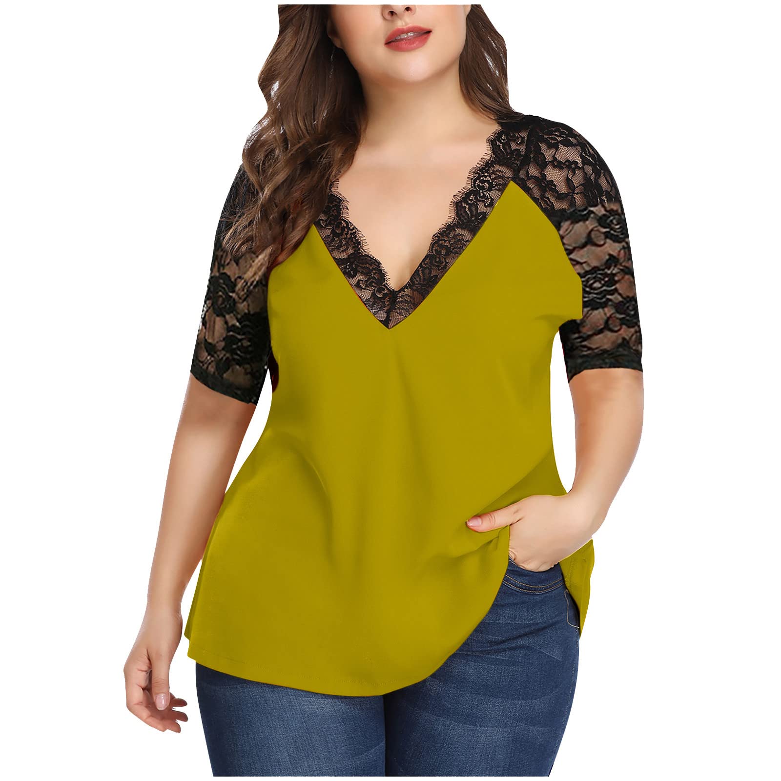 Plus Size Women's Casual Lace Tops - Half Sleeve Solid Lace V-Neck Splicing T-Shirt & Net Yarn Blouse | Perfect for Office Wear, Date Nights & Summer Outfits