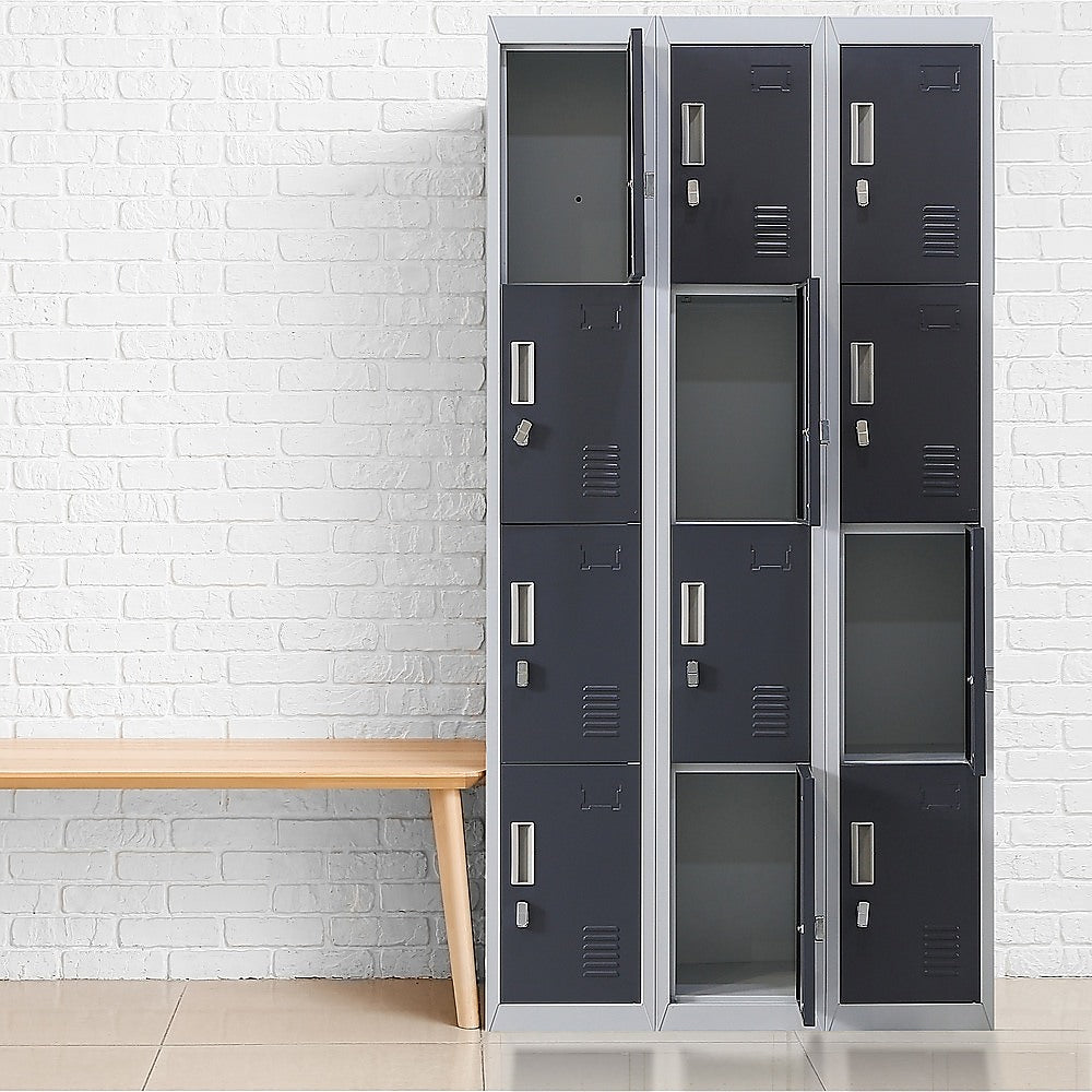12-Door Locker with Padlock - Heavy Duty Steel Storage Cabinet for Office, Gym, School, Home & Shed - Secure Equipment & Personal Belongings Storage Solution