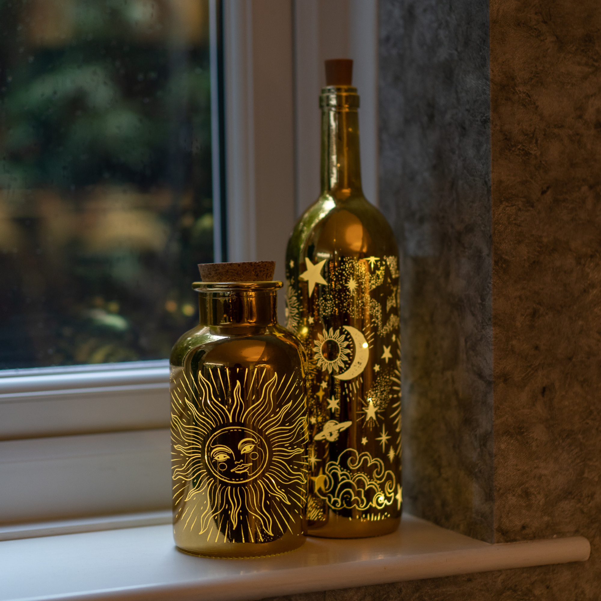 Celestial Gold Bottle Lamp - Large Handmade Glass Table Light for Home Decor, Living Room, Bedroom, or Office - Romantic Ambient Lighting Gift Idea