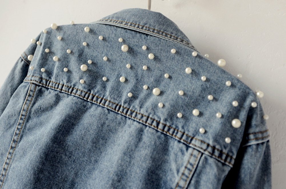 LifeShe Women's Embroidered Pearl Denim Jacket - Stylish Distressed Jean Coat with Pearl Accents for Casual Outfits & Spring Fashion