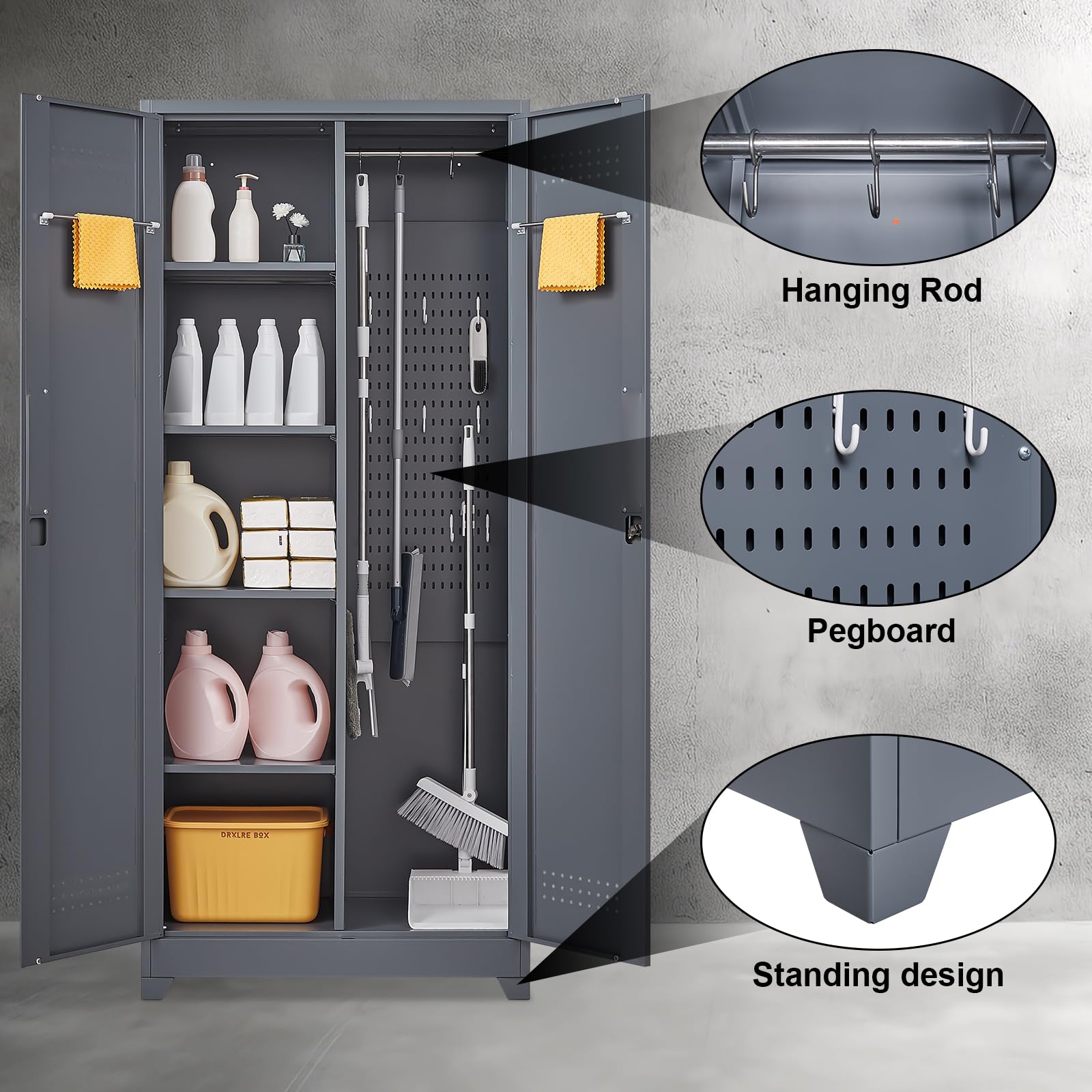 Heavy-Duty Metal Tool Storage Cabinet with Shelves & Hooks - 72.8