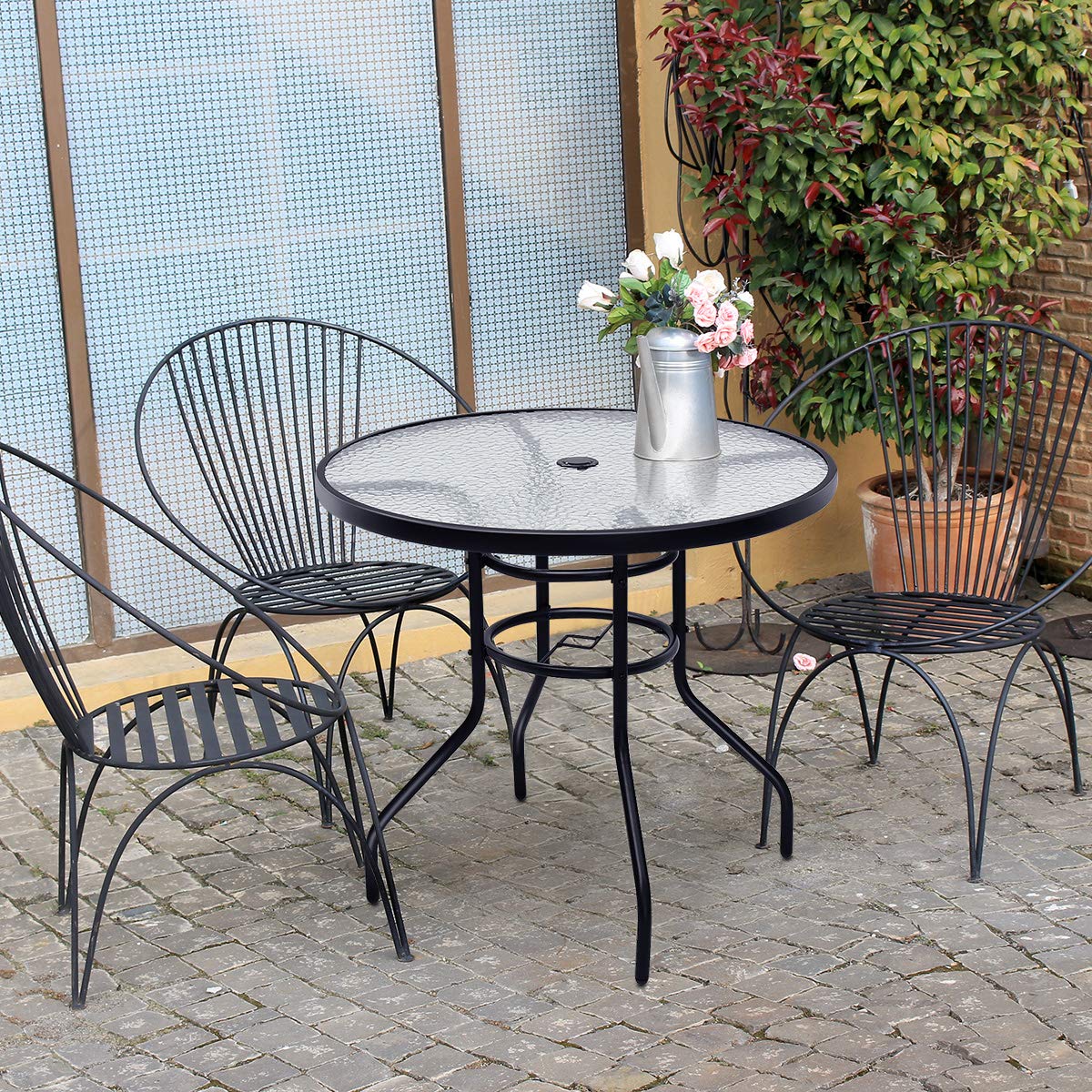 Tangkula 32 Inch Round Outdoor Patio Table with Steel Frame & Tempered Glass Top - Commercial Grade Party Event Furniture, Conversation Coffee Table for Backyard, Lawn, Balcony, Poolside (Includes Umbrella Hole) | Perfect for Outdoor Dining, Lounging & Entertaining