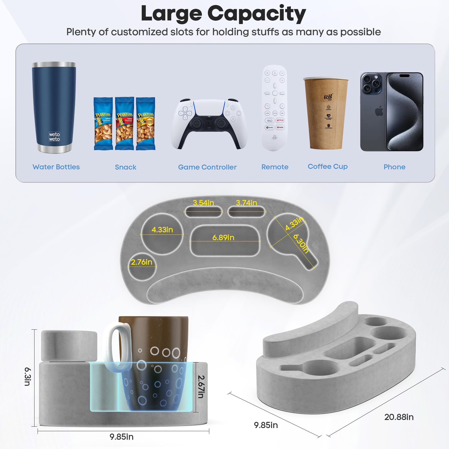 **6-Slot Couch Cup Holder Pillow Tray with Armrest Cushion - Multi-Functional Gaming Caddy for Drinks, Controller, Remote & Phone - Perfect for Gaming, Movie Nights & Relaxing on the Couch**