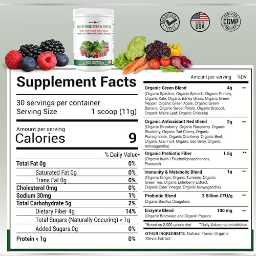 Organic Superfood Reds & Greens Powder - 11.64 oz (Pack of 2) | Prebiotics & Probiotics for Digestive & Gut Health | Vegan Super Greens with Ashwagandha for Immunity & Antioxidant Support | Perfect for Smoothies, Juices & Daily Wellness Routine