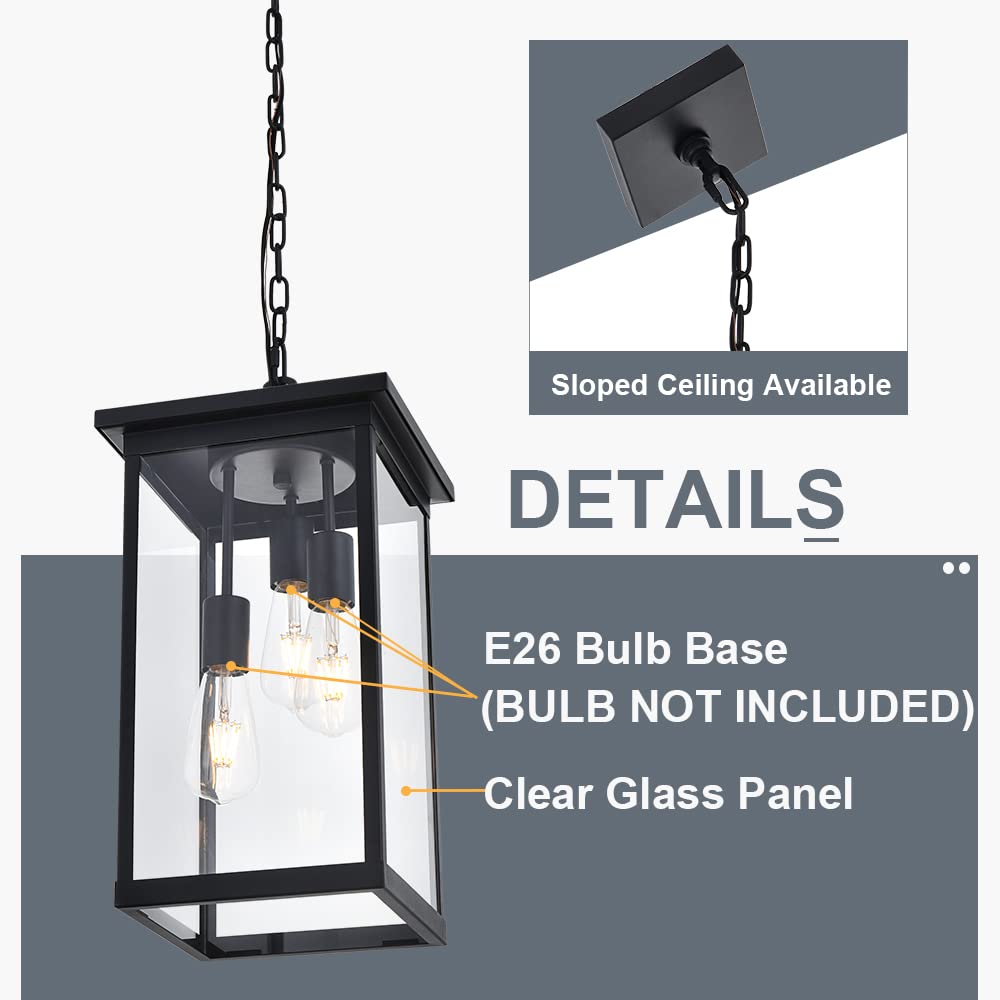 3-Light Black Outdoor Pendant Light Fixture - Adjustable Exterior Hanging Lantern for Porch, Patio, Deck & Garden Lighting | Weatherproof & Durable Design