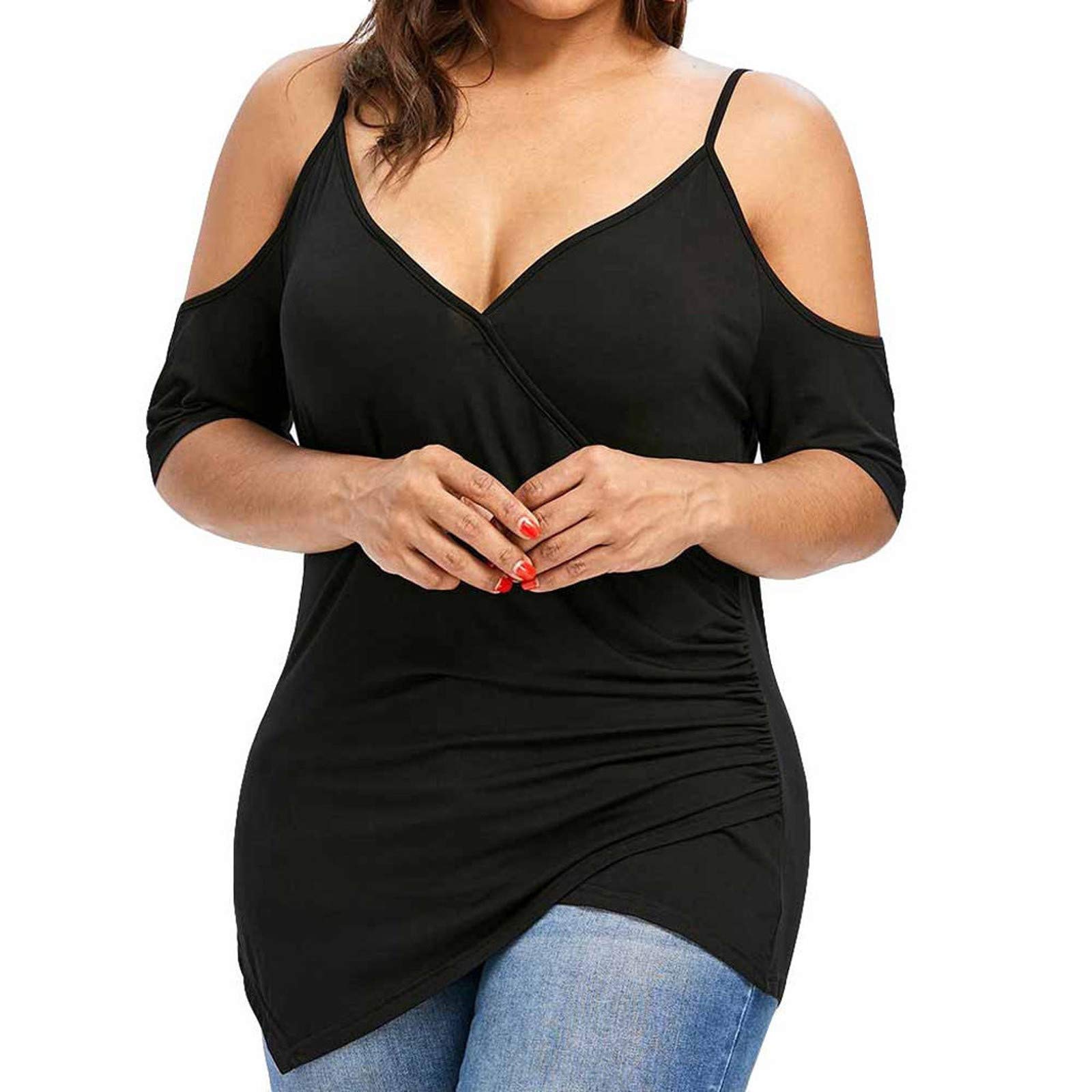 Plus Size Cold Shoulder T-Shirt for Women - Asymmetric Hem Pullover Blouse in Solid Black | Casual Wear, Date Night & Summer Outfits