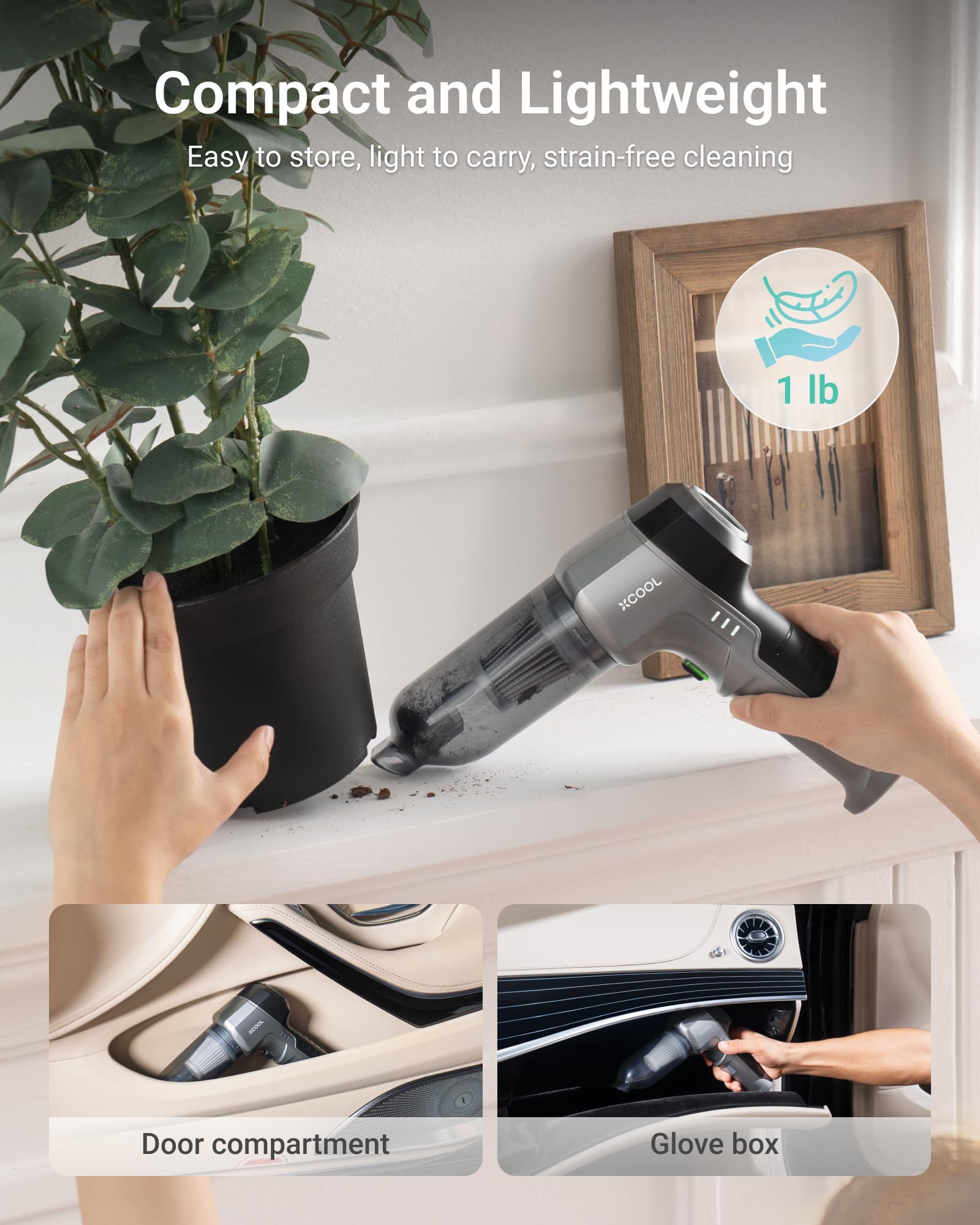 Cordless Handheld Vacuum Cleaner & Air Duster - 16000Pa Strong Suction, 3-Speed Adjustable, 8 Attachments, Ultra-Light 1lb Portable - Perfect for Car Cleaning, Home Quick Cleanups & Computer Dusting