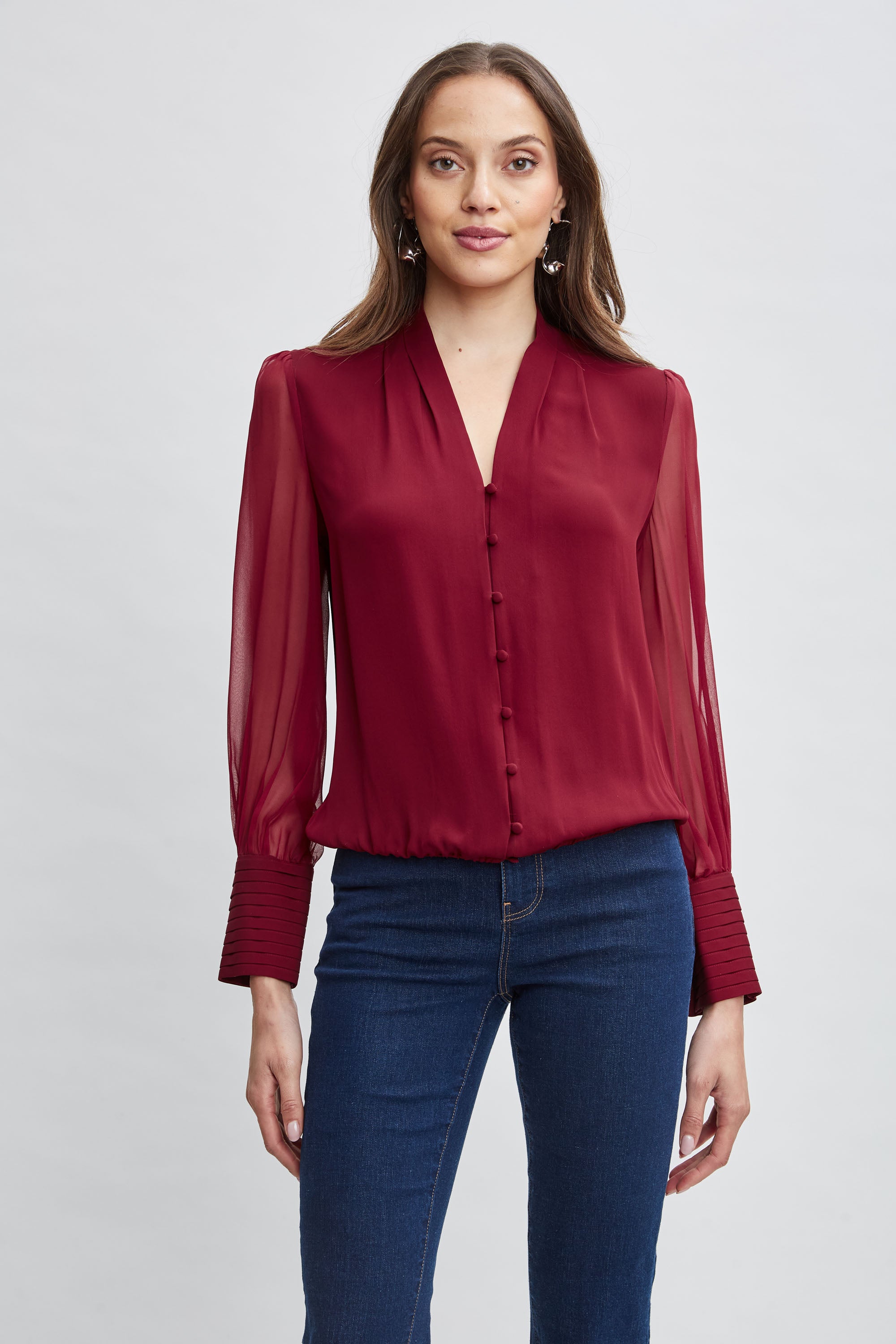 Women's Silk Blouson Button Down Shirt - Elegant Long Sleeve Blouse for Work & Casual Wear | Perfect for Office, Date Night & Special Occasions