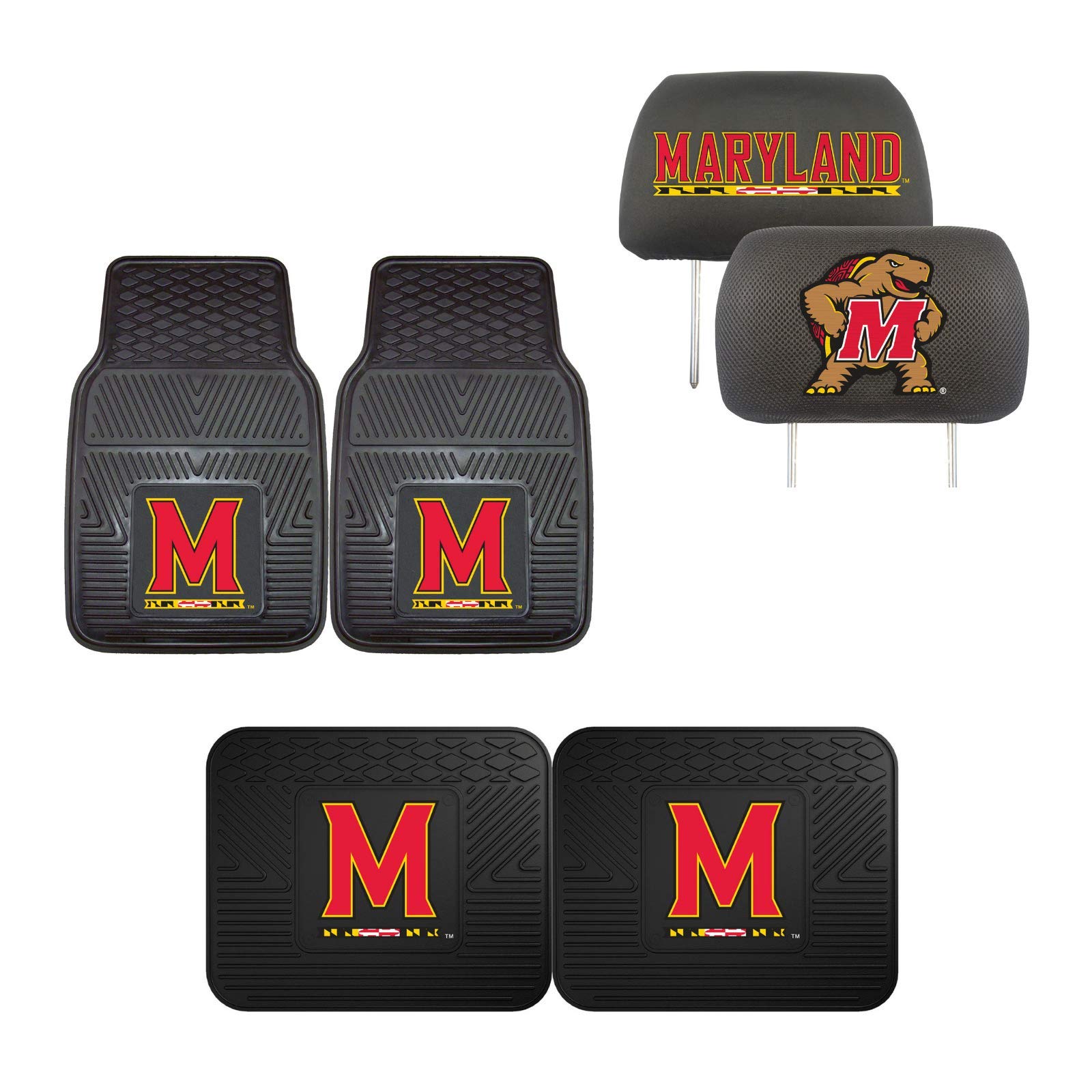 Maryland Terrapins Heavy Duty Car Floor Mats Set & Headrest Covers for Trucks & SUVs - All-Weather Protection for Front & Rear Seats - Perfect for College Fans, Tailgating & Game Day