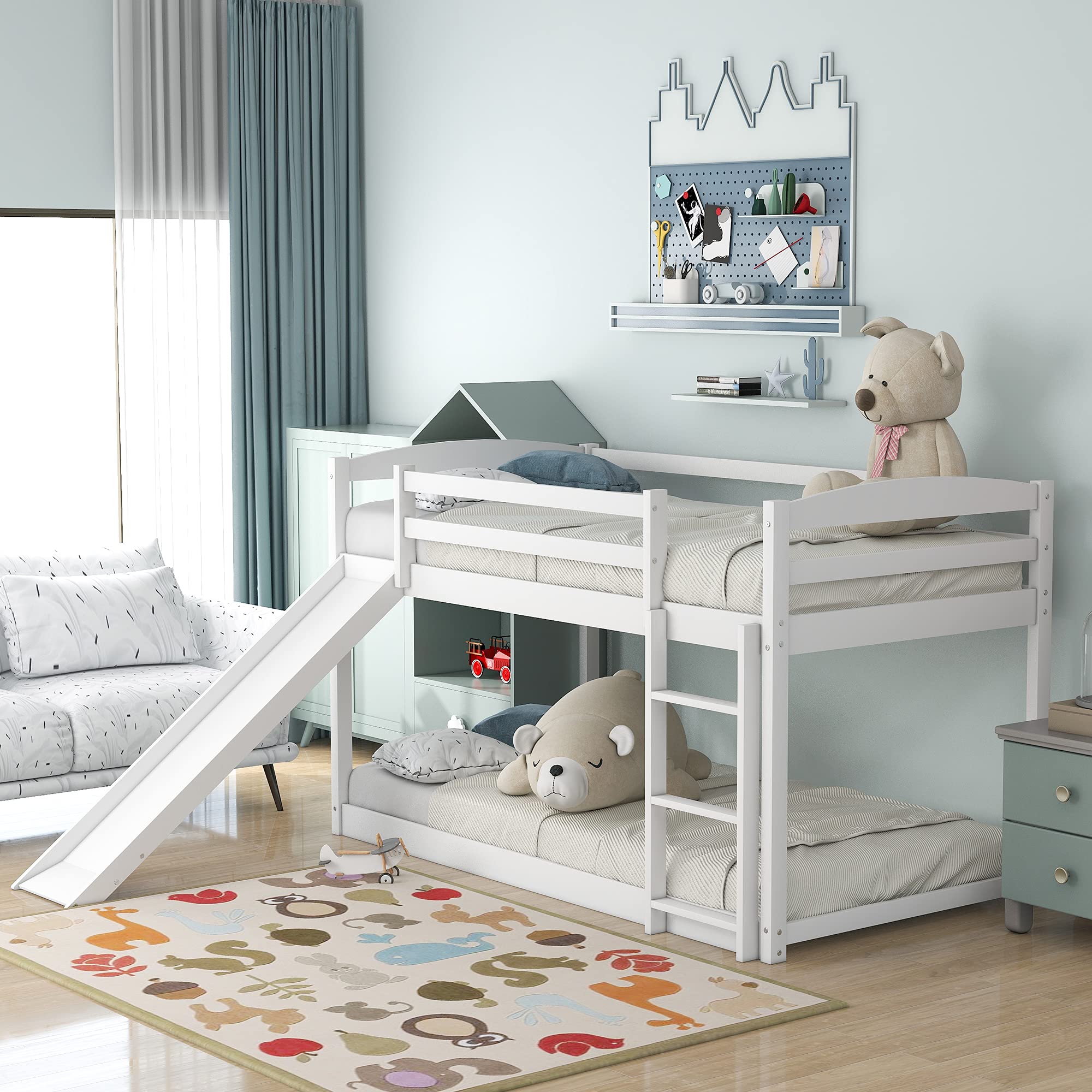 Twin Over Twin Bunk Bed with Ladder & Slide - Heavy Duty Wooden Loft Bed Frame for Teens & Adults - Safety Guardrails, No Box Spring Needed - White - Perfect for Kids' Rooms, Dormitories & Space-Saving Bedrooms