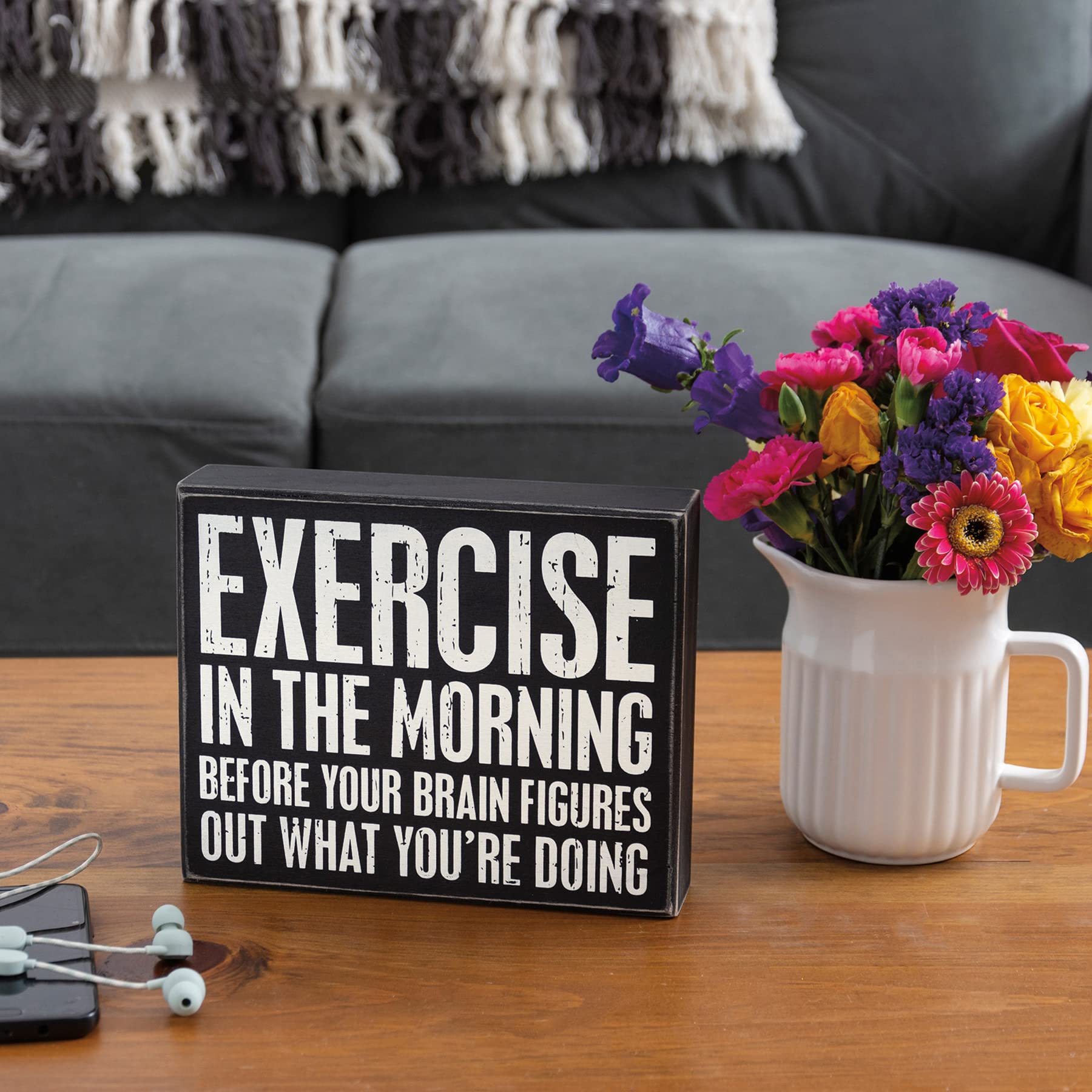 Primitives Box Sign - Exercise In The Morning Before Work - Rustic Wooden Wall Decor for Home Gym, Office & Motivational Spaces