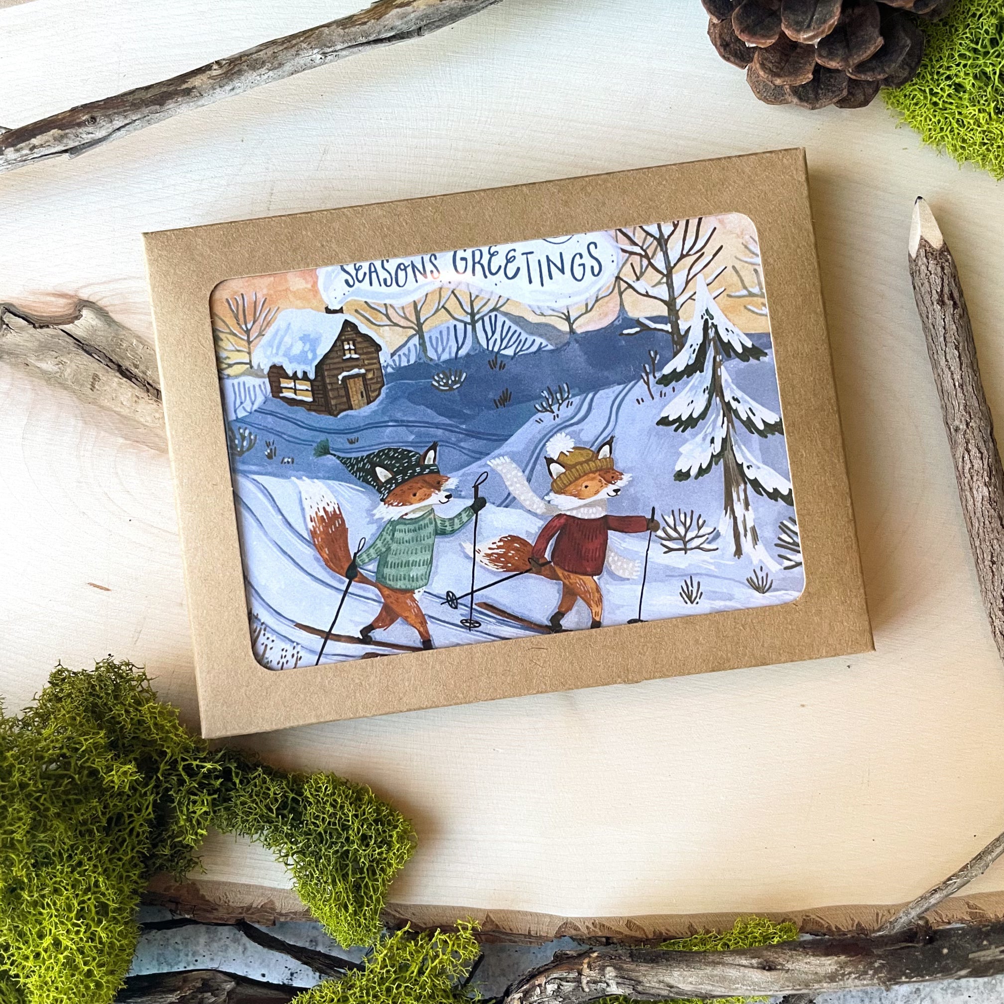 Fox Skiing Christmas Cards - Boxed Holiday Greeting Card Set for Winter & Christmas Celebrations, Parties, and Festive Gifts