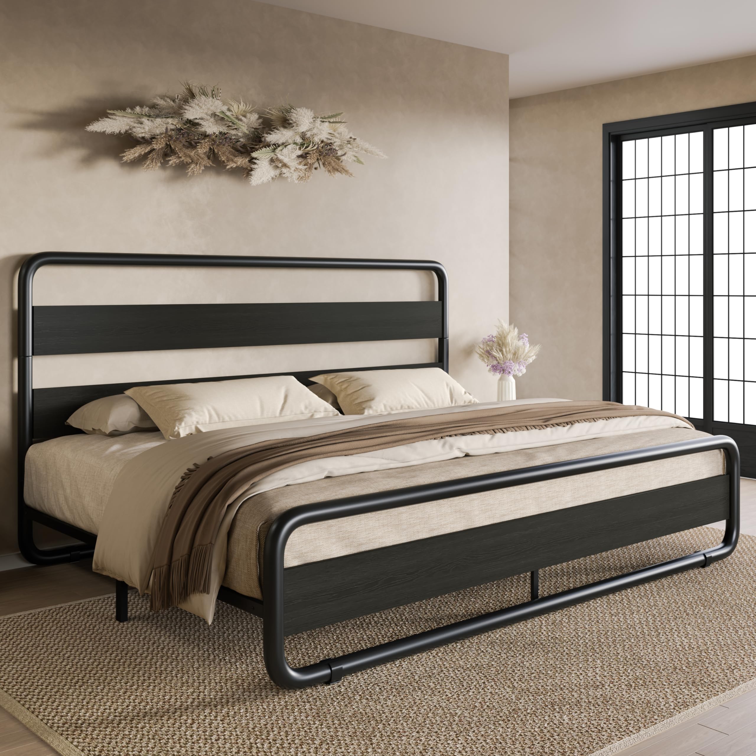 King Size Metal Bed Frame with Wooden Headboard & Footboard - Heavy Duty Platform Bed with 10