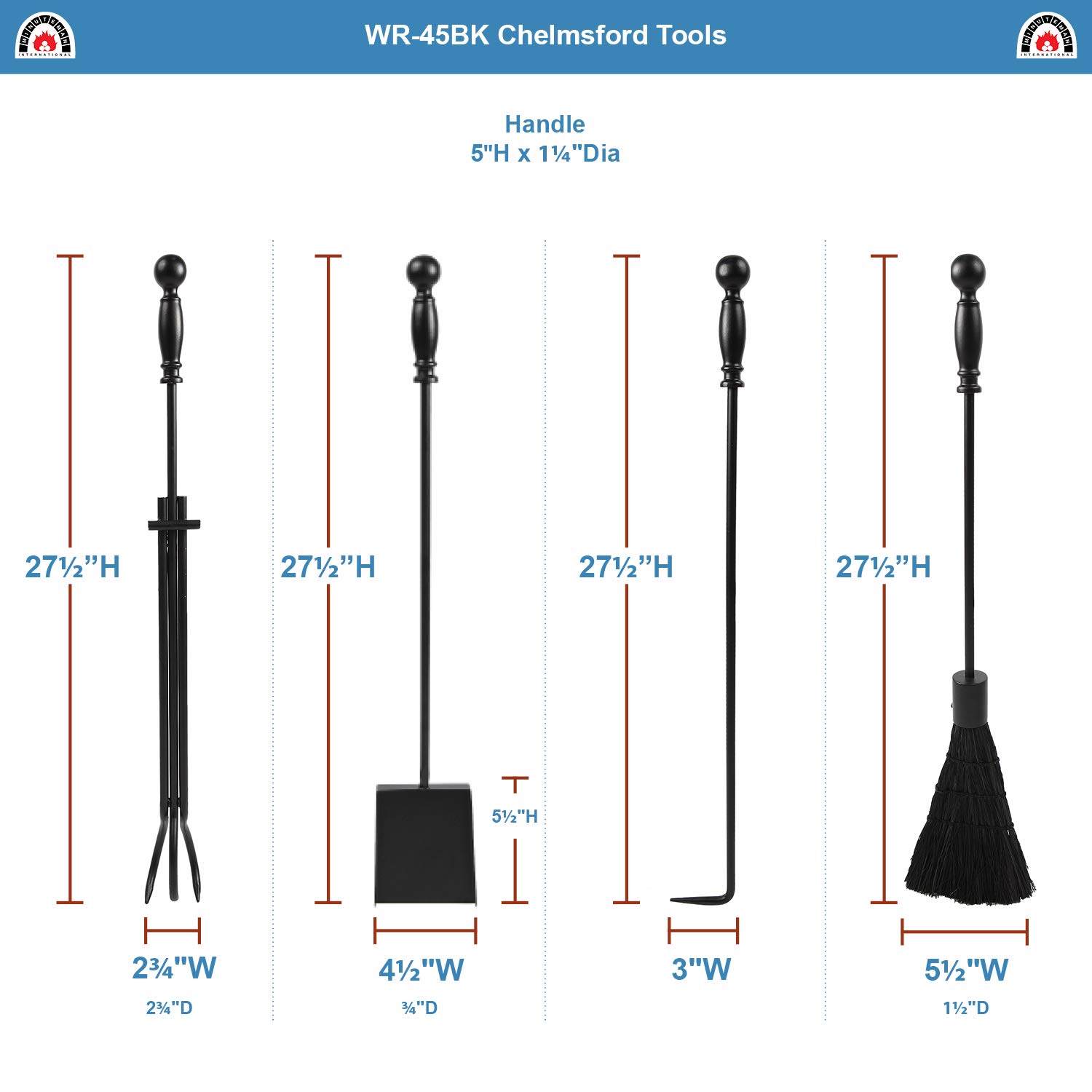 Premium Black Fireplace Tool Set - Heavy Duty Steel Fireplace Poker, Shovel, Brush & Stand - Perfect for Indoor & Outdoor Fire Pits, Wood Stoves & Fireplaces