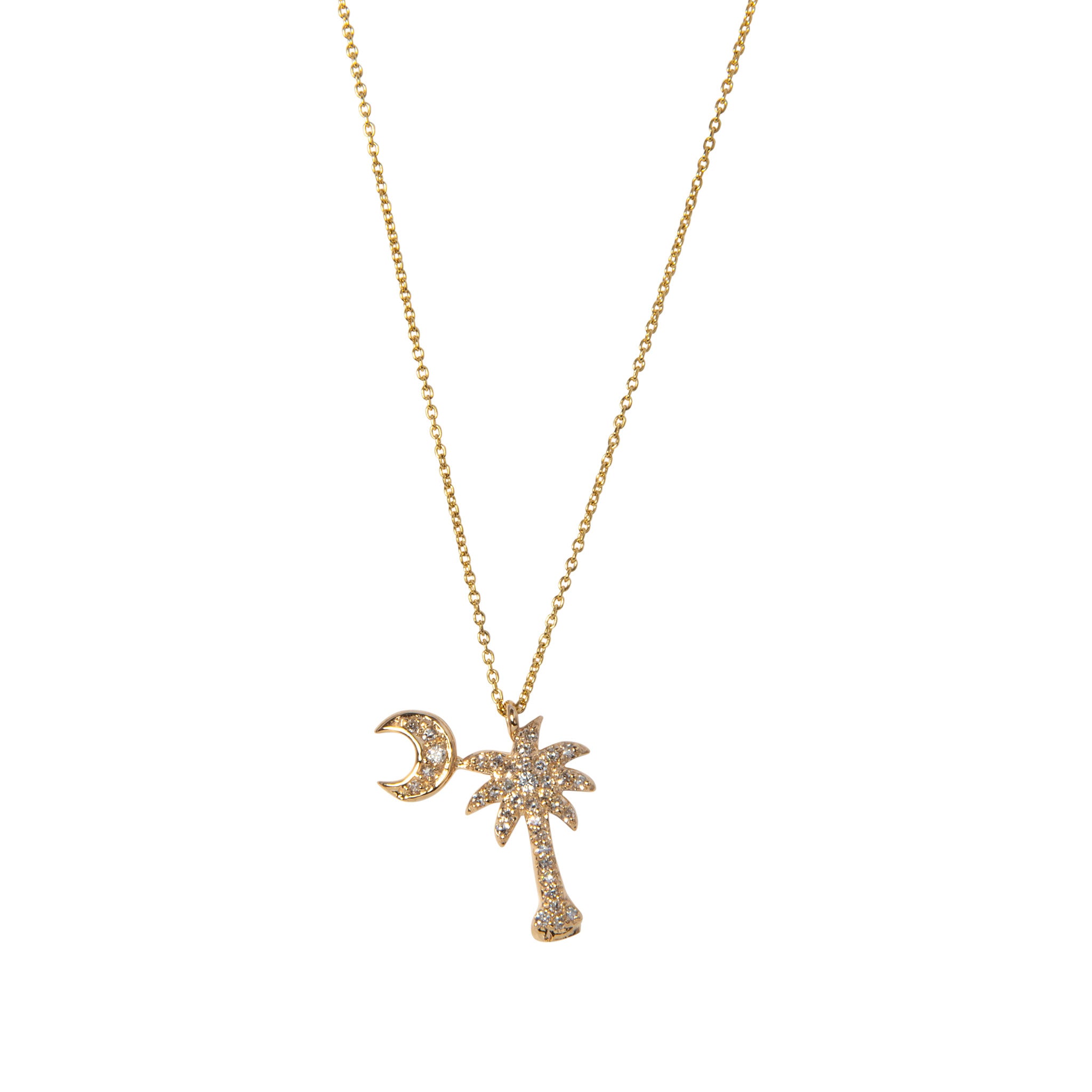 14K Yellow Gold Diamond Palmetto Tree & Crescent Pendant Necklace for Women - Elegant Jewelry Gift for Birthday, Anniversary & Special Occasions