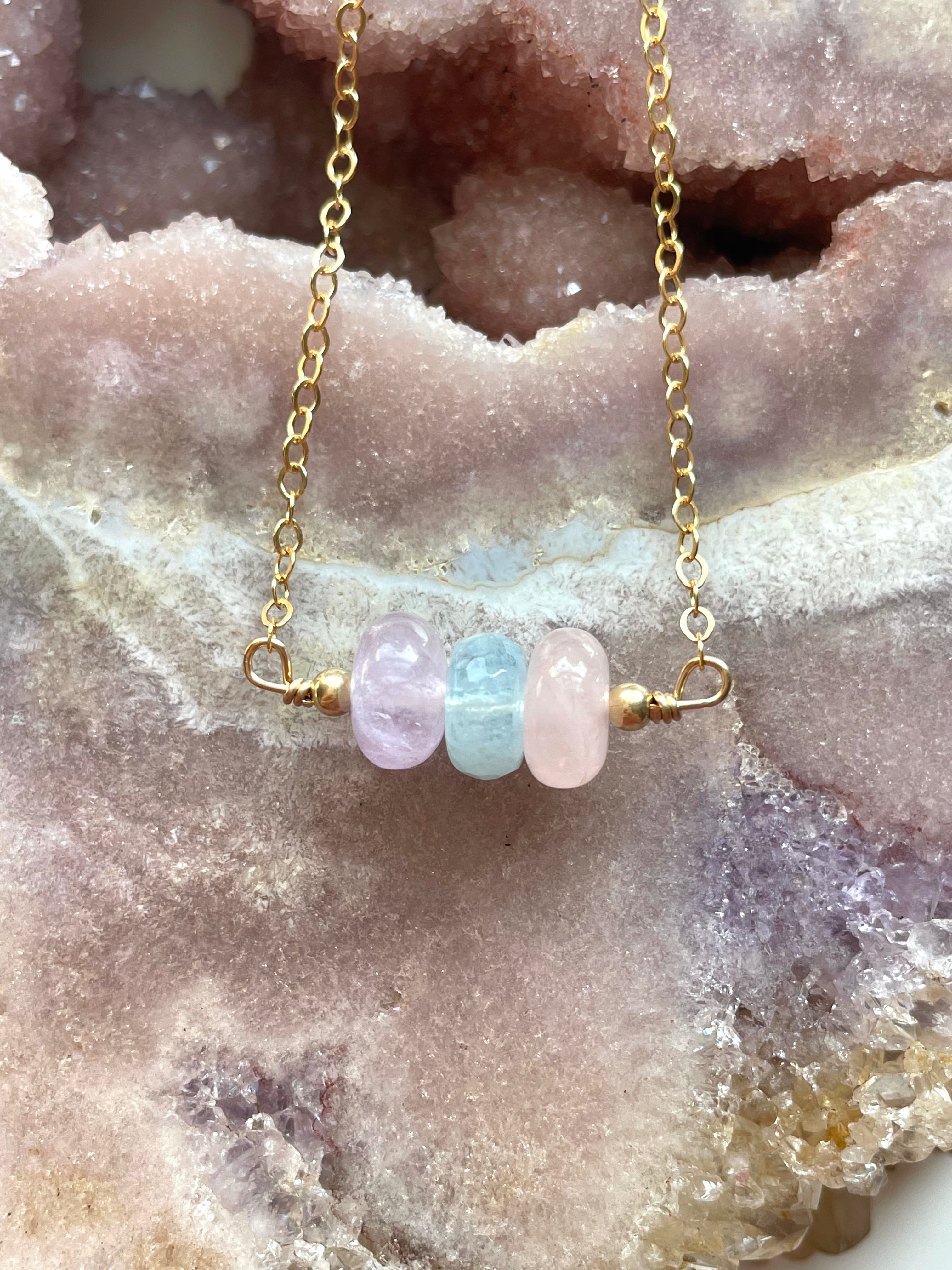 Amethyst Aquamarine Rose Quartz Gemstone Necklace - Silver or Gold Crystal Healing Jewelry for Women - Perfect for Meditation, Yoga & Spiritual Gifts