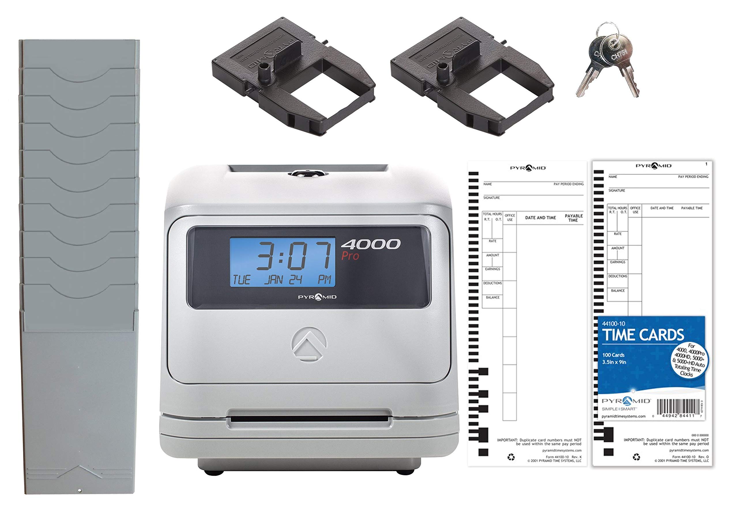 Pyramid Time Systems Model 4000 Pro Auto Totaling Time Clock (4000PROK) - Small Business Bundle with 125 Time Cards, 2 Ink Ribbons, 10-Card Rack & Security Keys | Ideal for Employee Attendance Tracking, Payroll Management & Workforce Timekeeping