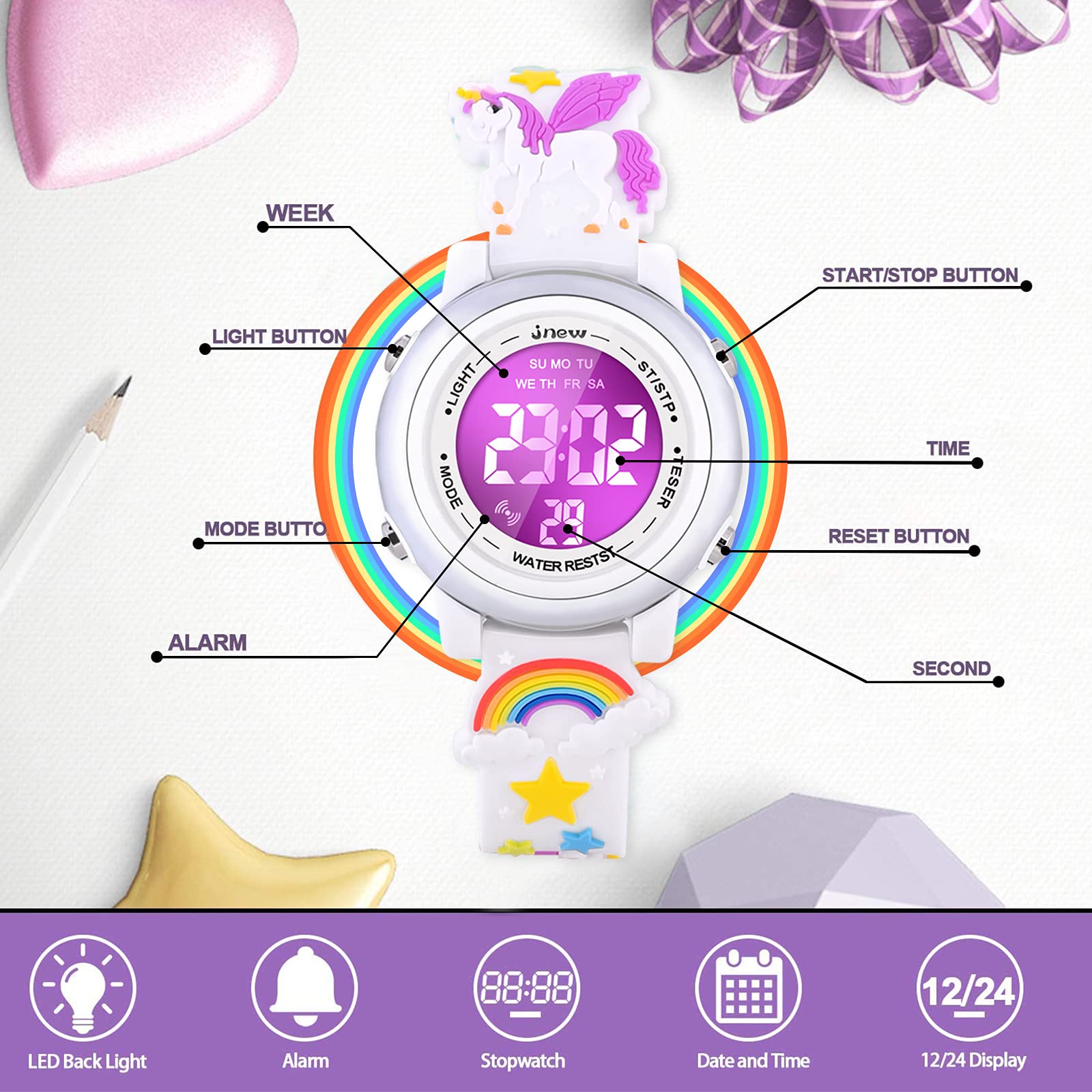 3D Cartoon Waterproof Watch for Girls with Alarm - Best Gift for Ages 3-12 | Swimming & School Use