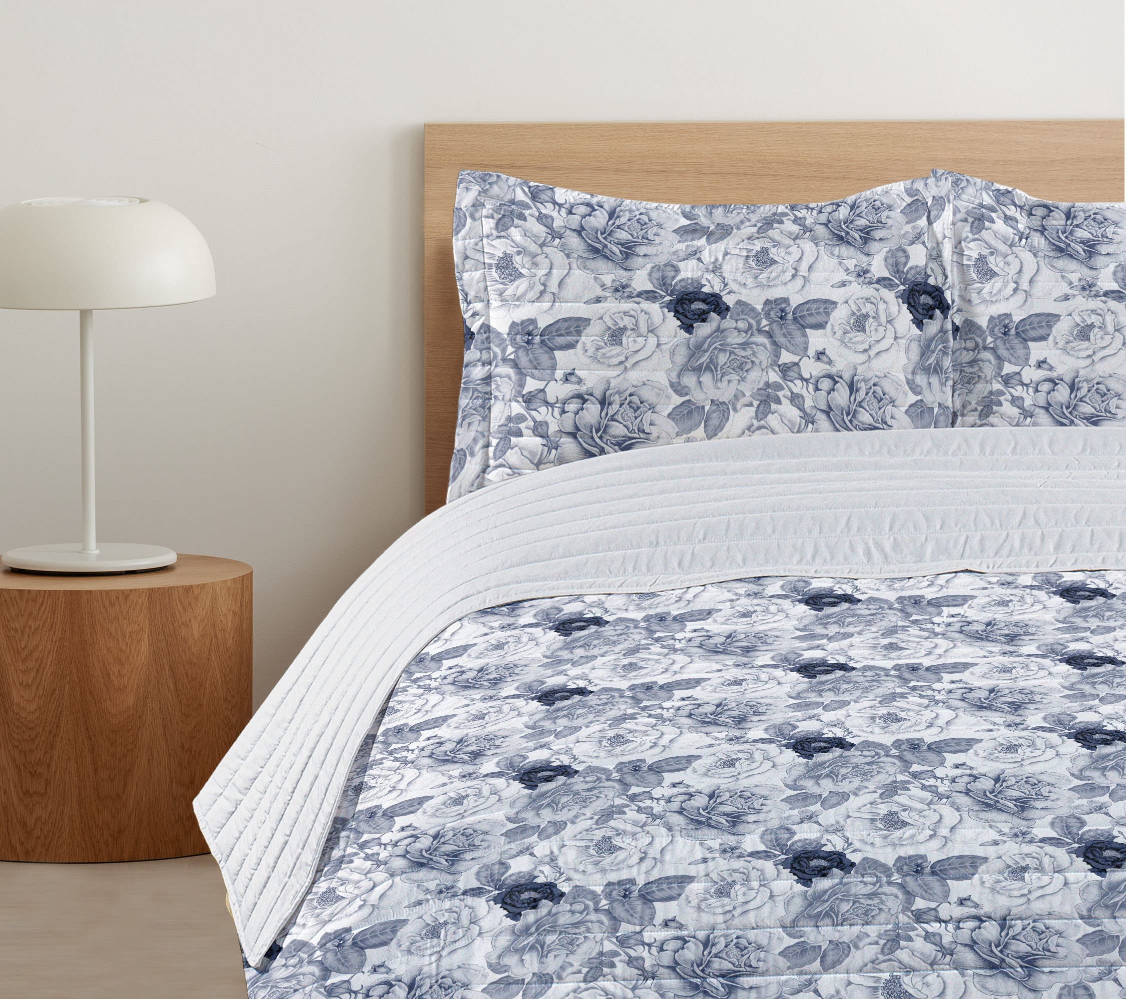 Ambesonne Shabby Floral Microfiber Bedspread Set - Queen Size Blue Grey White | Garden Rose Buds with Leaves Romantic Design | Soft Bedding Set with Pillow Shams & Comforter | Perfect for Spring Decor, Master Bedroom & Guest Room