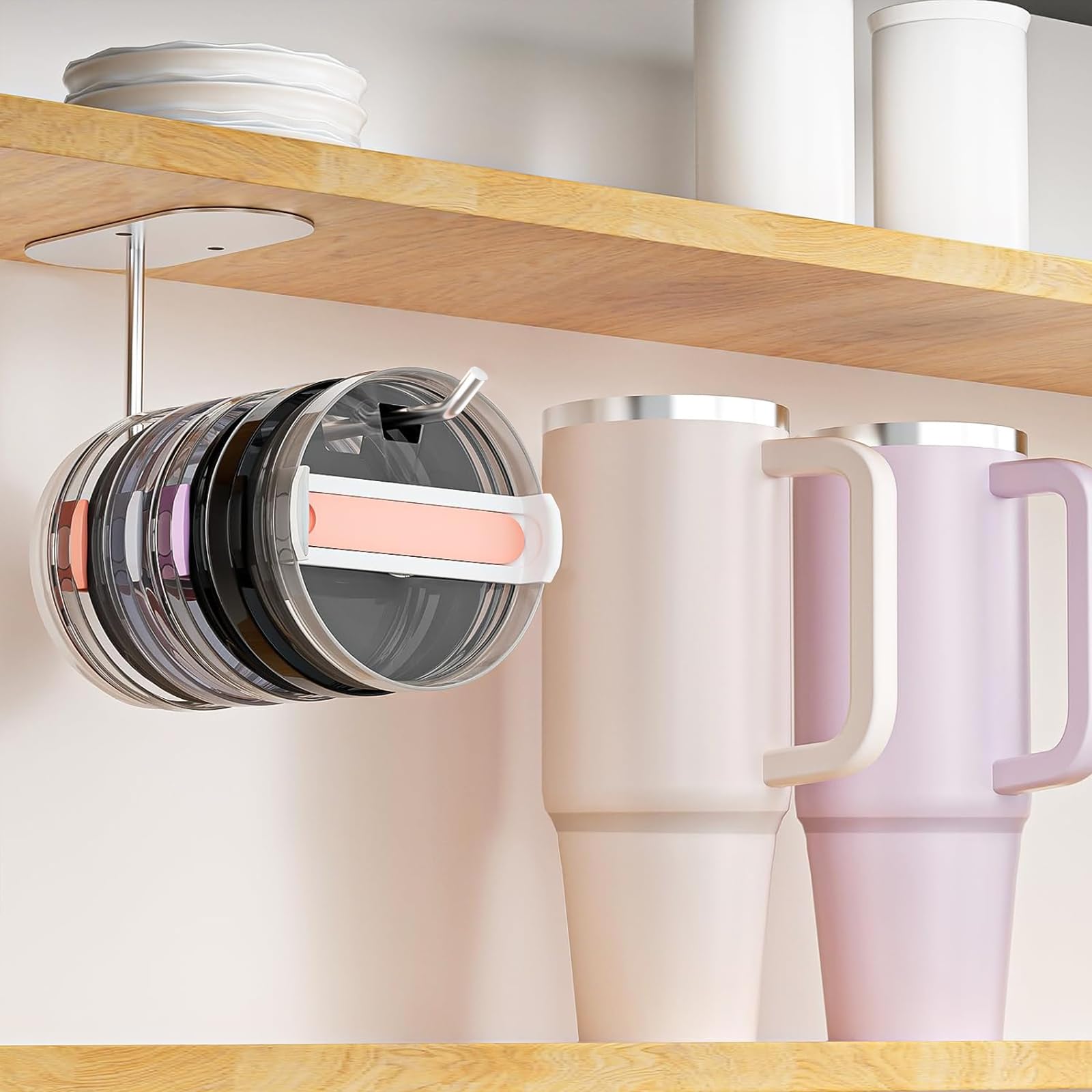 Space Saving Cup Lid Organizer Hook - Self-Adhesive or Drilling Tumbler Lid Storage for Yeti, Stanley & Simple Modern Tumblers - Perfect for Kitchen Cabinet, RV & Office Organization