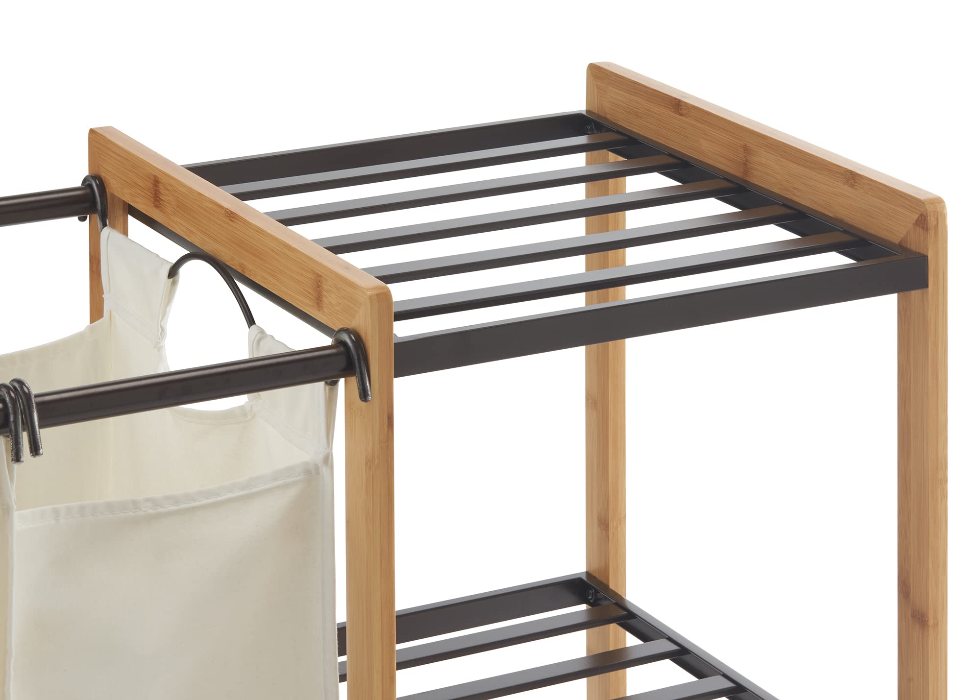 TRINITY 3-Bag Bamboo Laundry Hamper with Wheels - Foldable Laundry Organizer Cart with 3 Shelves & Bronze Poles for Bedroom, Closet, Dorm - Perfect for Small Spaces & Apartment Living