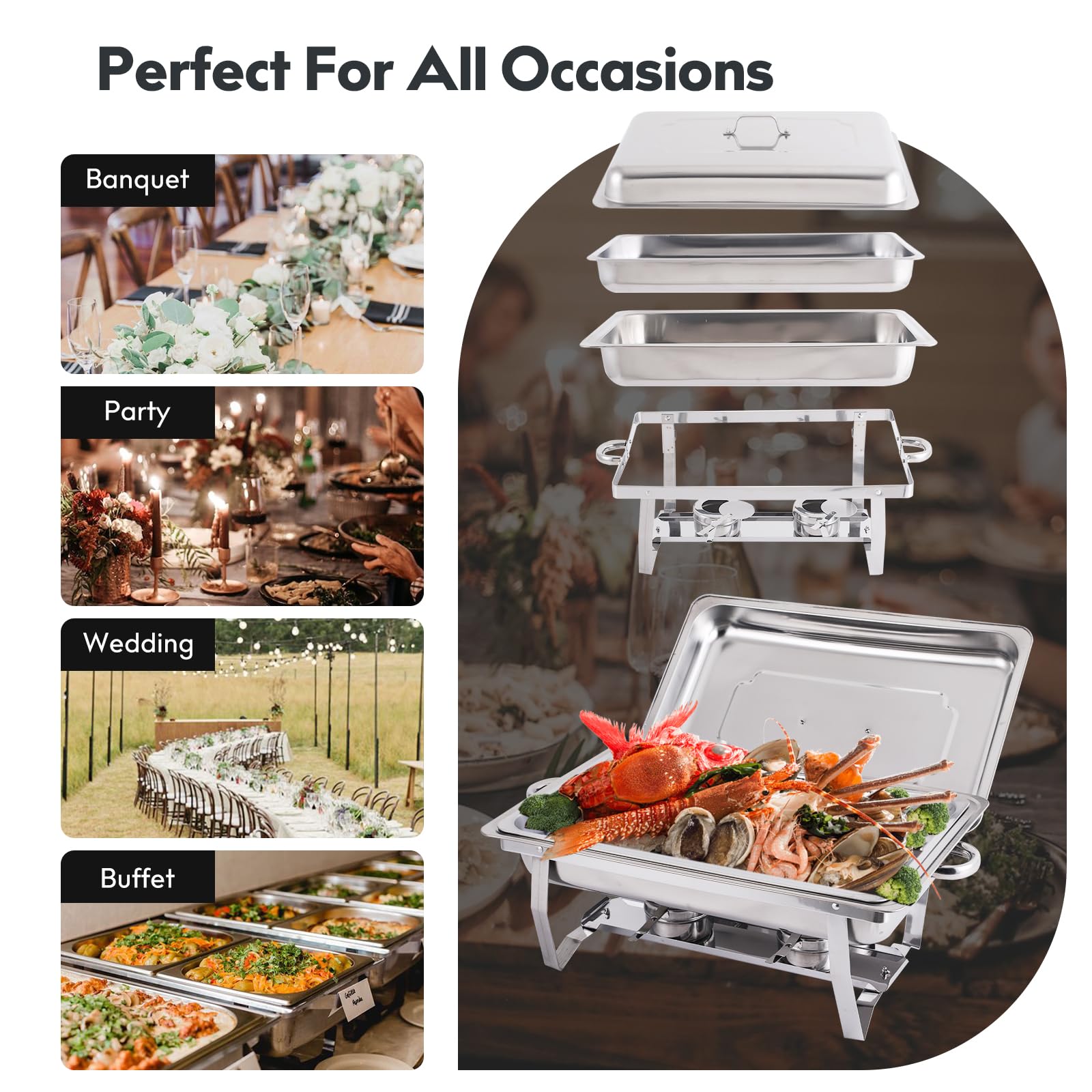 4 Pack 8QT Stainless Steel Chafing Dish Buffet Set - 2 Full Size, 2 Half Size & 3 1/3 Size Food Pans - Catering Food Warmers for Party, Wedding, Banquet, Buffet & Catering Events - Perfect for Keeping Food Hot at Events, Restaurants & Home Entertaining