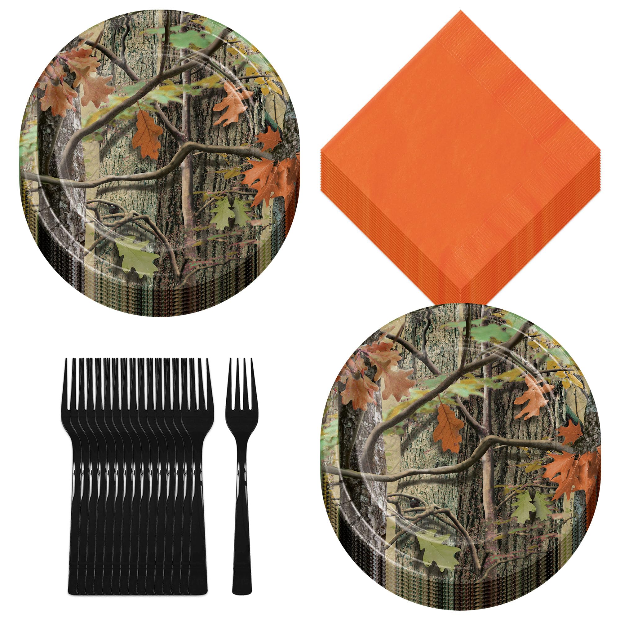 Camouflage Hunting Party Supplies Set - 16 Camo Paper Dessert Plates, Beverage Napkins & Forks for Outdoor Themed Events, Birthday Parties, and Camping Adventures