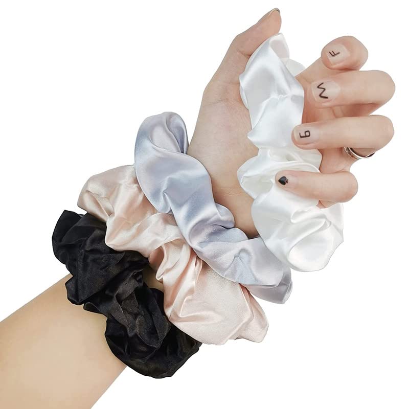 Silk Satin Scrunchies for Women - Soft No Damage Hair Ties, Elastic Ponytail Holders for Thick & Curly Hair (Set of 5) - Perfect for Workouts, Office, and Everyday Styling
