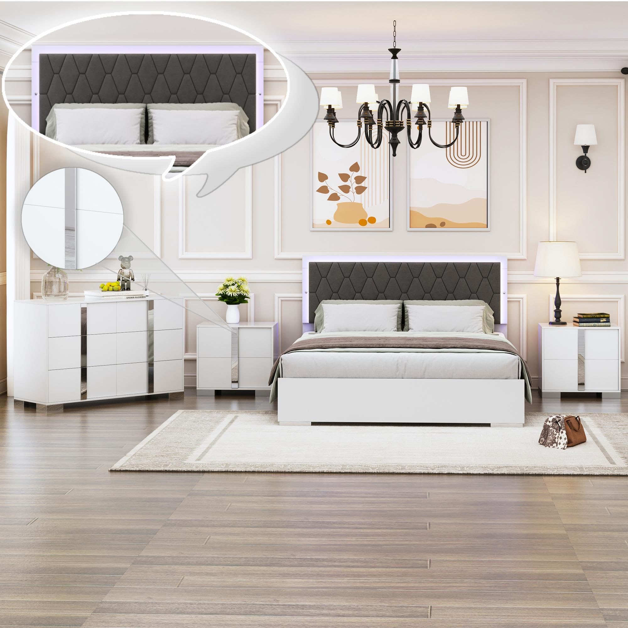 Linique 4-Piece Queen Size Bedroom Set with LED Upholstered Platform Bed, 2 Mirrored Nightstands & Dresser - Modern Wooden Bed Frame with Velvet Headboard in White | Perfect for Contemporary Master Bedrooms & Guest Rooms