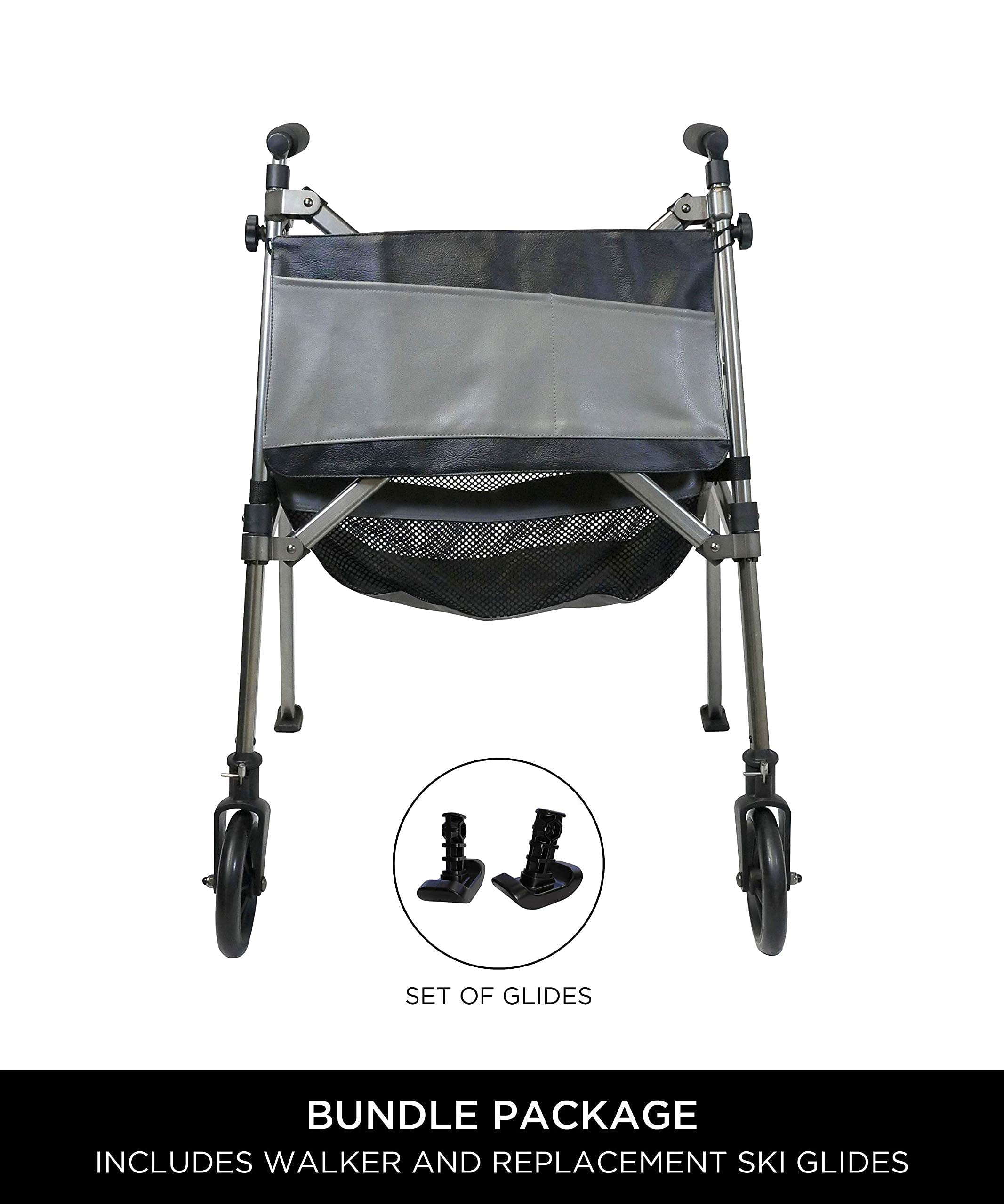 Signature Life Elite Travel Rolling Walker for Seniors - Narrow Front Wheel Walker with Organizer Pouch & Basket | Replacement Ski Glide Bundle Included | Ideal for Indoor/Outdoor Mobility Assistance & Daily Activities
