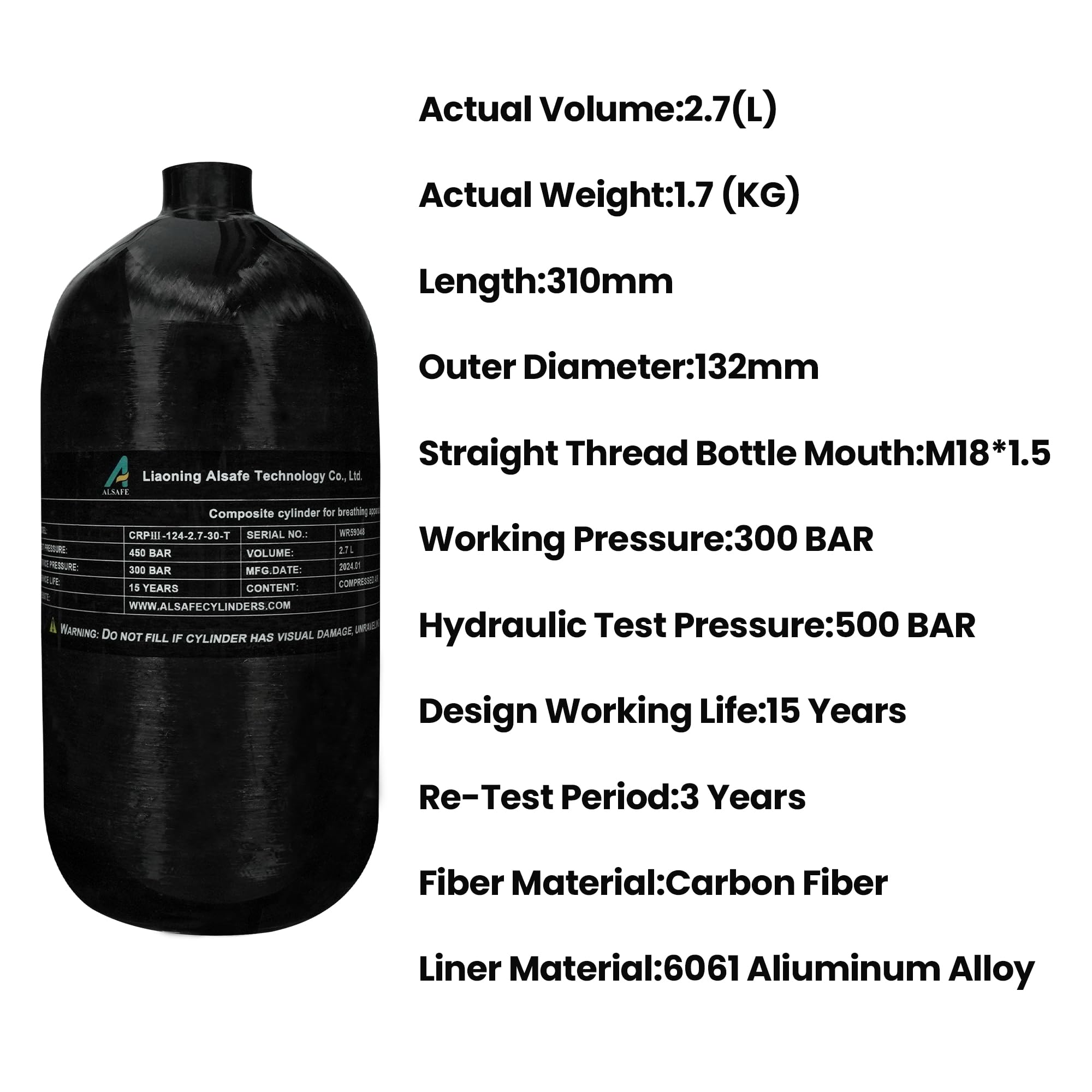 TUXING 4500Psi Carbon Fiber Scuba Tank 2.7L 164Cu in High Pressure Air Tank - CE Certified PCP Paintball & Diving Cylinder (Empty) M18x1.5 Thread - Perfect for Scuba Diving, Paintball Games & Airgun Refills