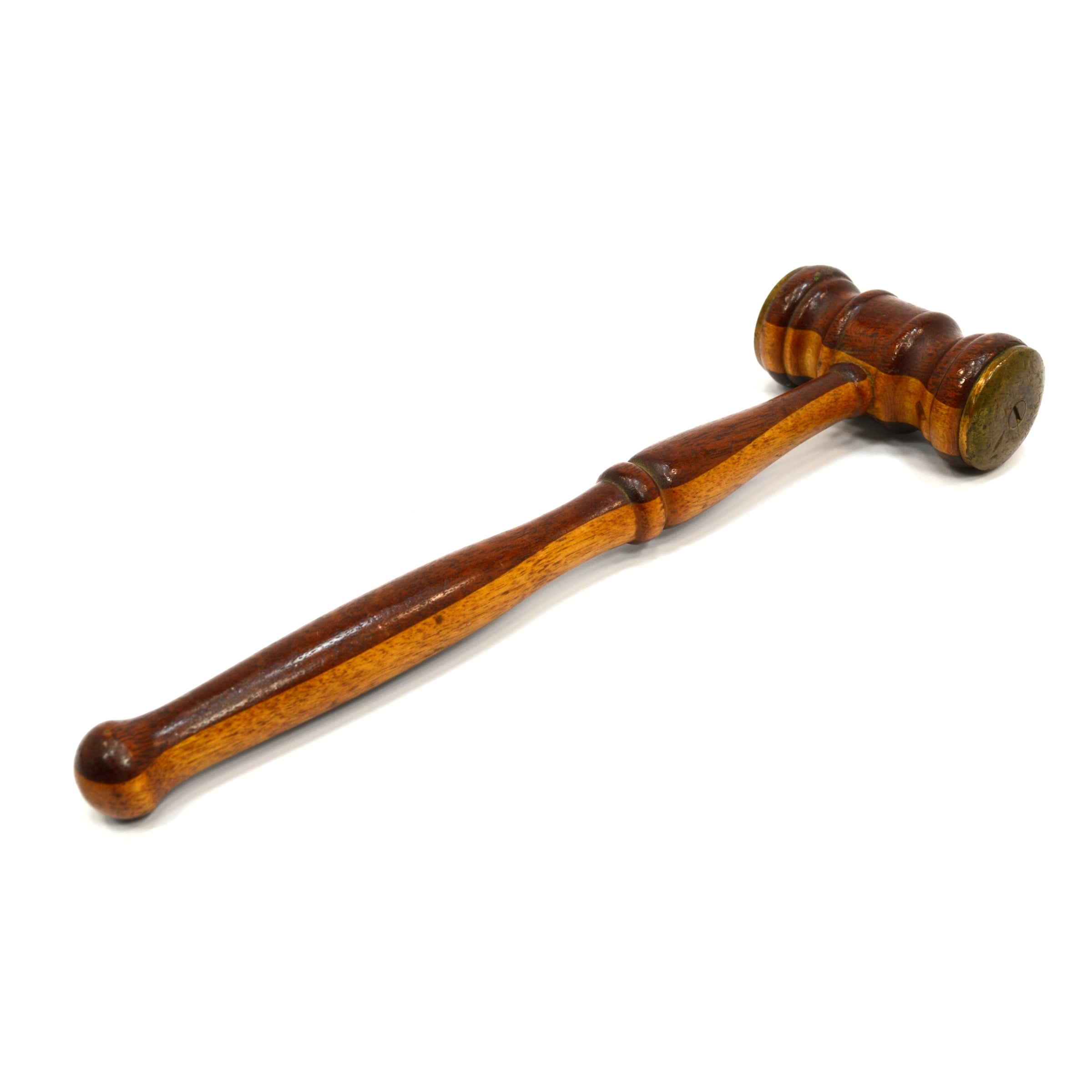 Antique 2-Tone Turned Hardwood Gavel - Mahogany & Oak with Brass Face Plates | Beautiful Courtroom & Auction Hammer for Judges, Collectors & Legal Professionals
