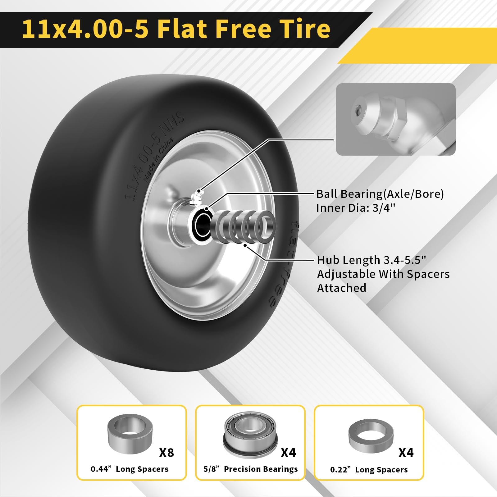 TEPU 11x4.00-5 Flat Free Solid Lawn Mower Tires - 2 Pack Gray - 350Lbs Capacity - Fits Zero Turn Mower Front - 3/4