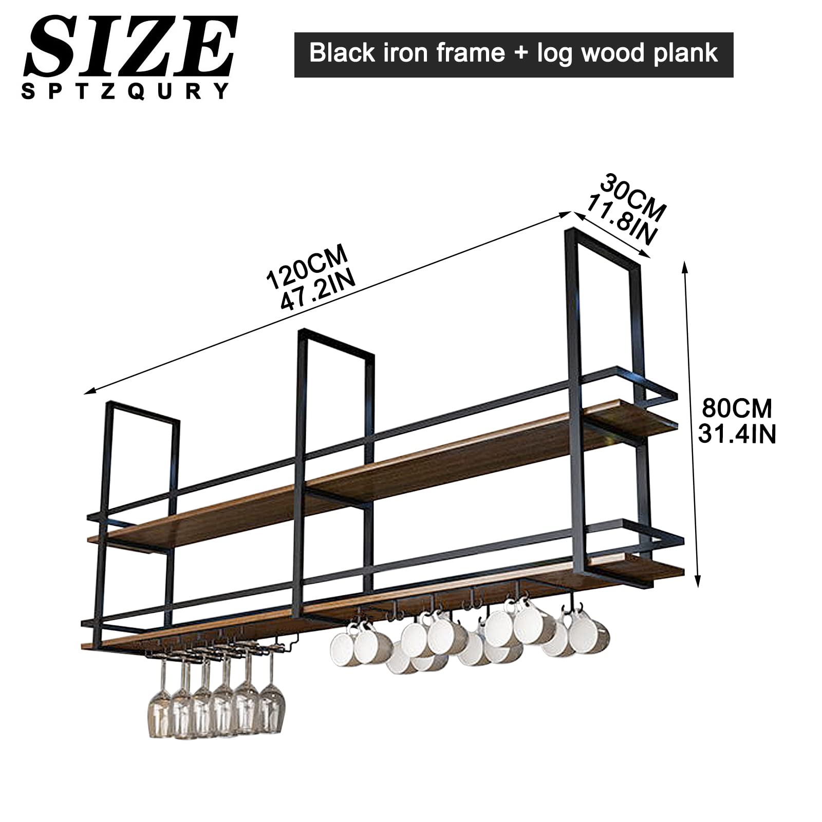 Industrial Ceiling Wine Glass Rack - 47.2 Inch Black Metal Hanging Wine Bottle Holder with Glass Storage Shelf for Bar, Kitchen & Cafe - Space-Saving 2-Tier Design (47.2×11.8×31.4in) - Perfect for Home Bars, Restaurants & Commercial Spaces