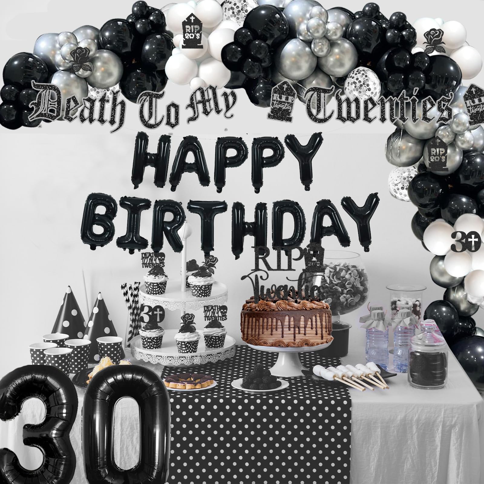 128 PCs Death To My 20s Party Decorations Kit - Funeral For My Youth 30th Birthday Supplies with Fringe Curtain, Balloon Garland, Glitter Banner, Cake Toppers & Tombstone Cutouts | Perfect for Milestone Birthday Parties, Dark Humor Celebrations & Themed Events