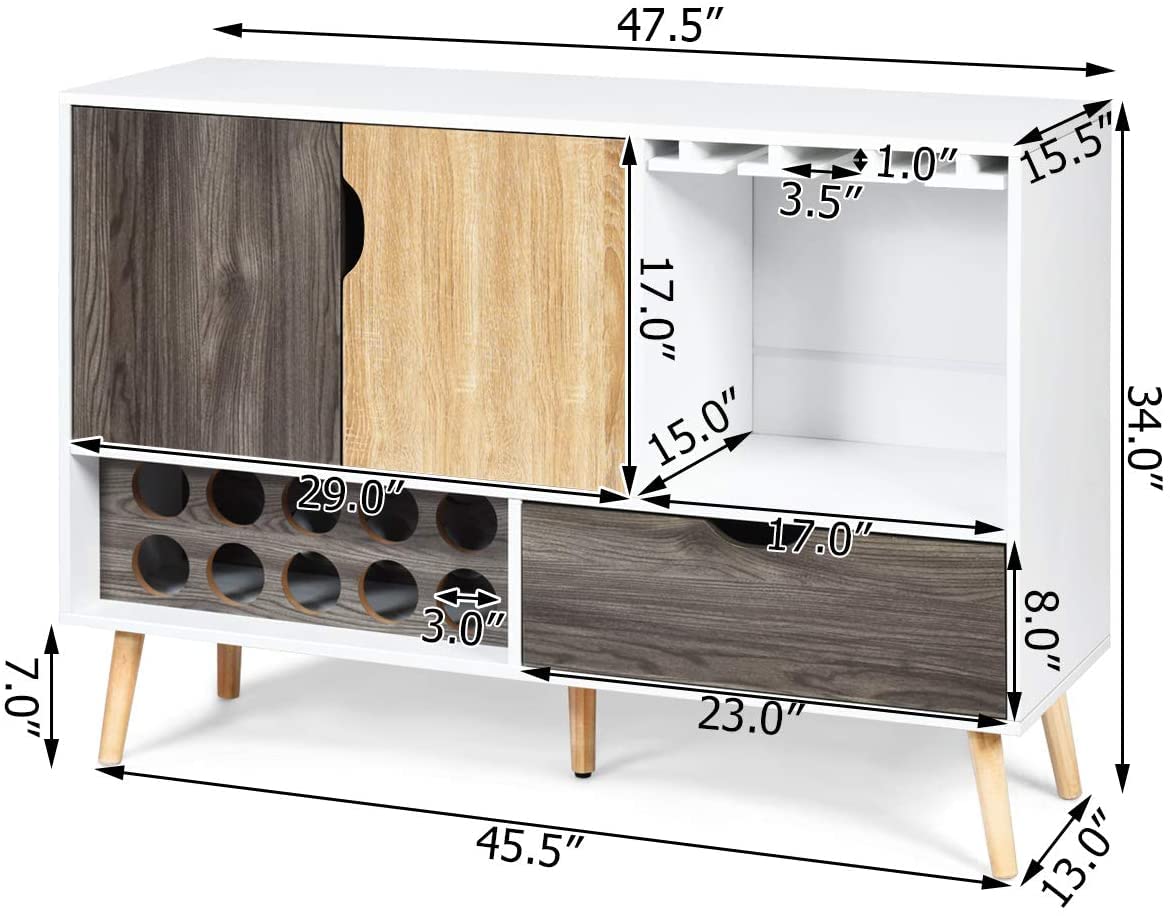 Buffet Sideboard with 10-Bottle Wine Rack & Glass Shelves - Kitchen Storage Cabinet with Drawer & Door Shelf - Perfect for Dining Room, Living Room & Kitchen Organization