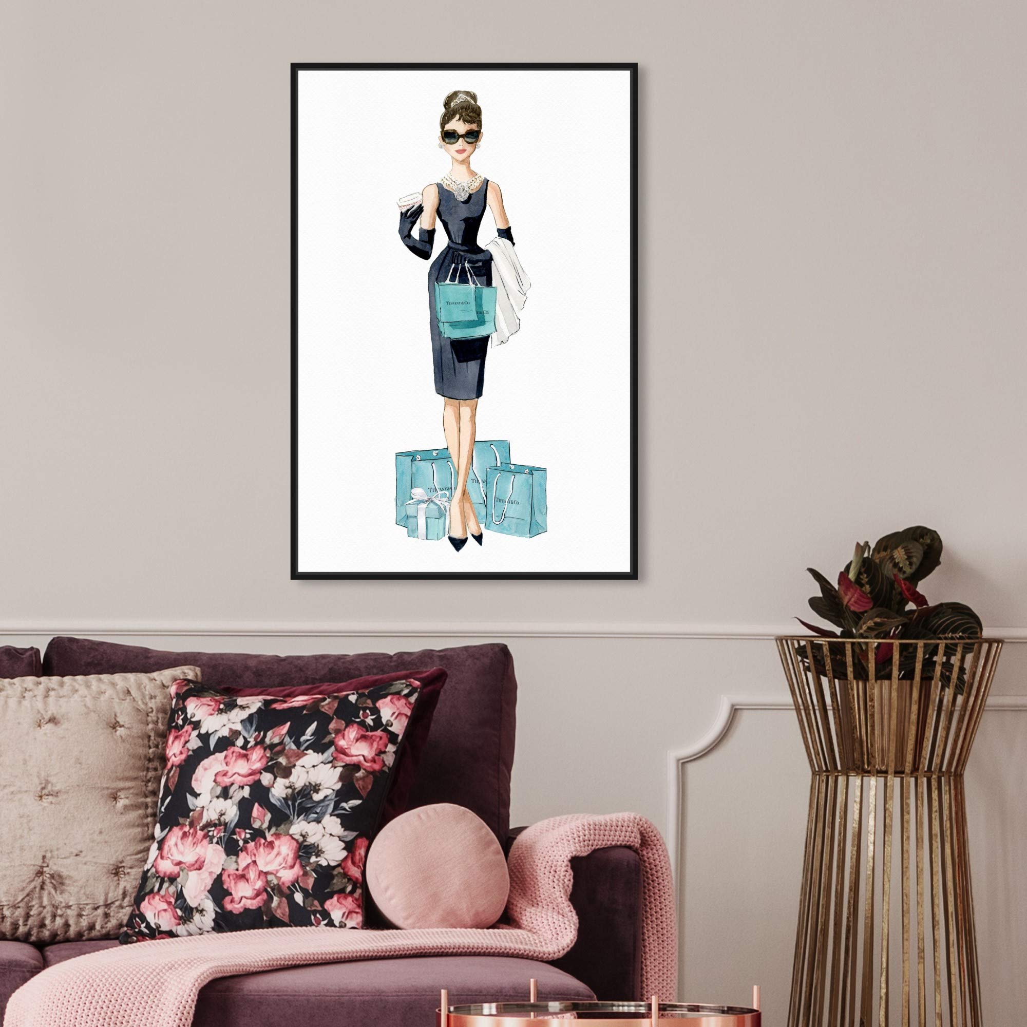 Oliver Gal Artist Co. 'Diamond Breakfast Shopping' Framed Wall Art Canvas Print - 20x30 Inches Blue & Black - Celebrity Portrait Home Decor for Living Room, Bedroom & Office