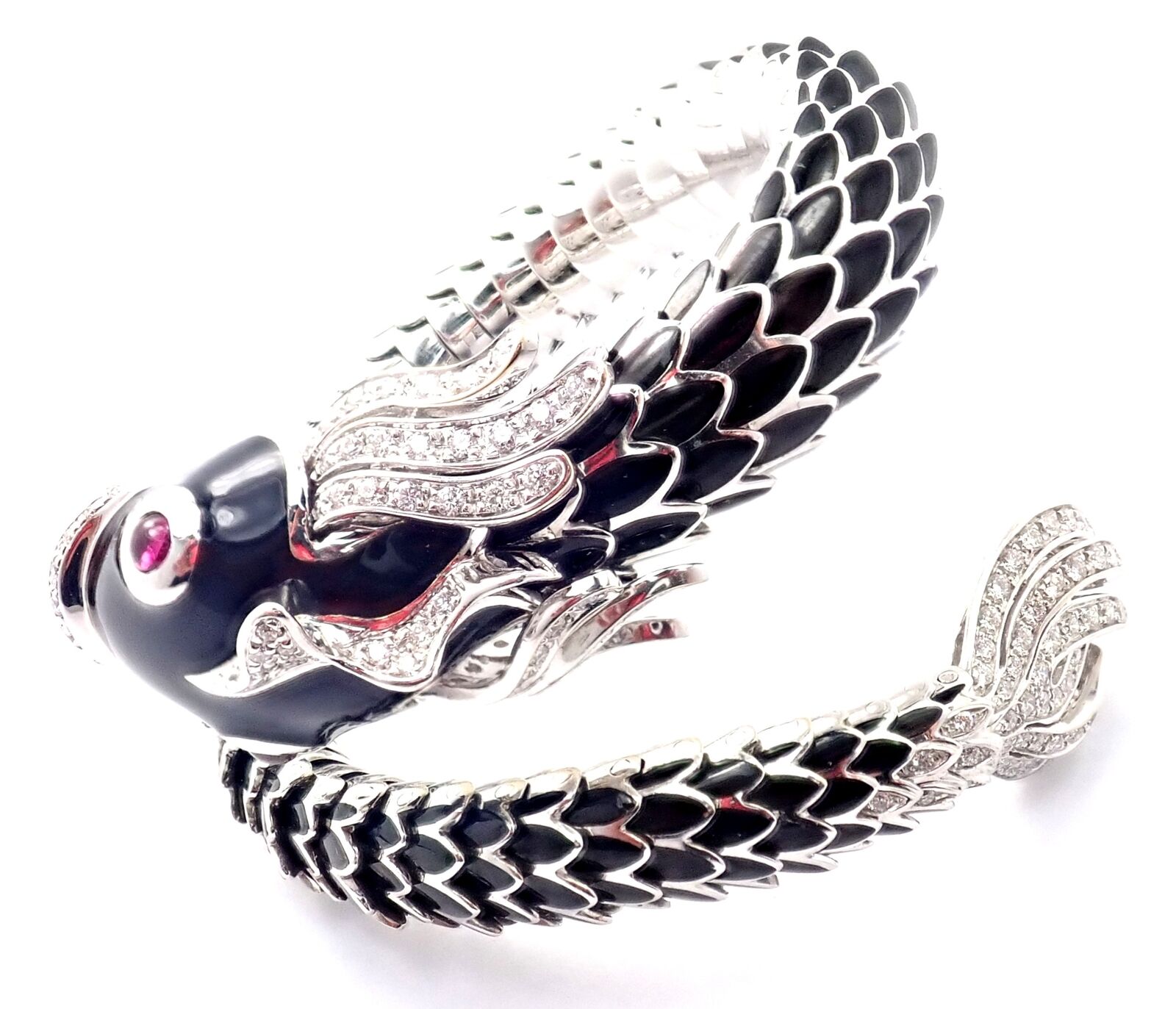 Authentic Roberto Coin Nemo 18k White Gold Diamond & Ruby Enamel Cuff Bracelet | Luxury Jewelry for Women | Perfect for Weddings, Parties & Special Occasions