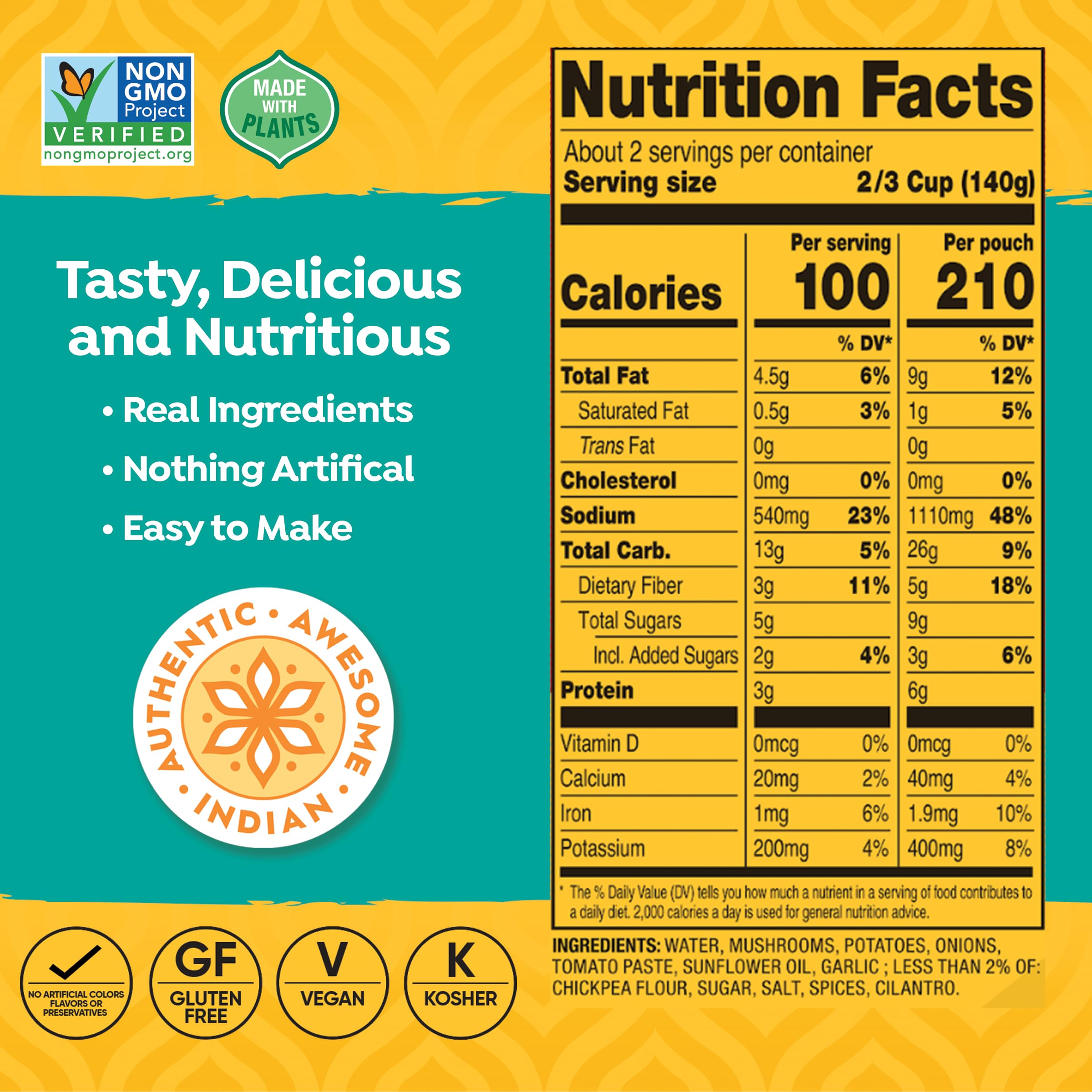 Tasty Bite Mushroom Masala Vegan Ready-to-Eat Meal - 10oz (Pack of 6) | Microwavable Indian Entree with Mushrooms & Potatoes | Quick Lunch, Office Meals & Camping Food