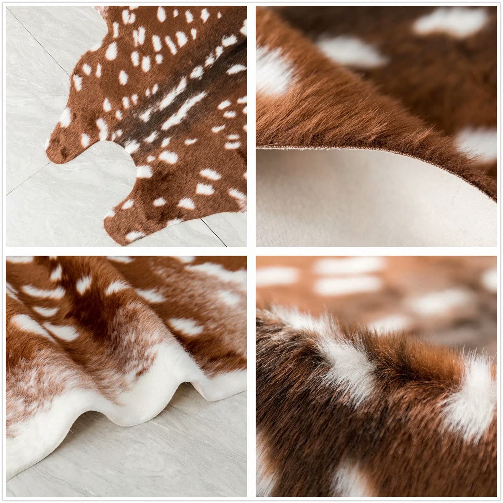 Premium Faux Sika Deer Hide Area Rug 2.5x3.5ft - Soft Animal Print Faux Fur Rug, Realistic Cowhide Pattern Carpet for Living Room, Bedroom, Office - White & Brown Home Decor