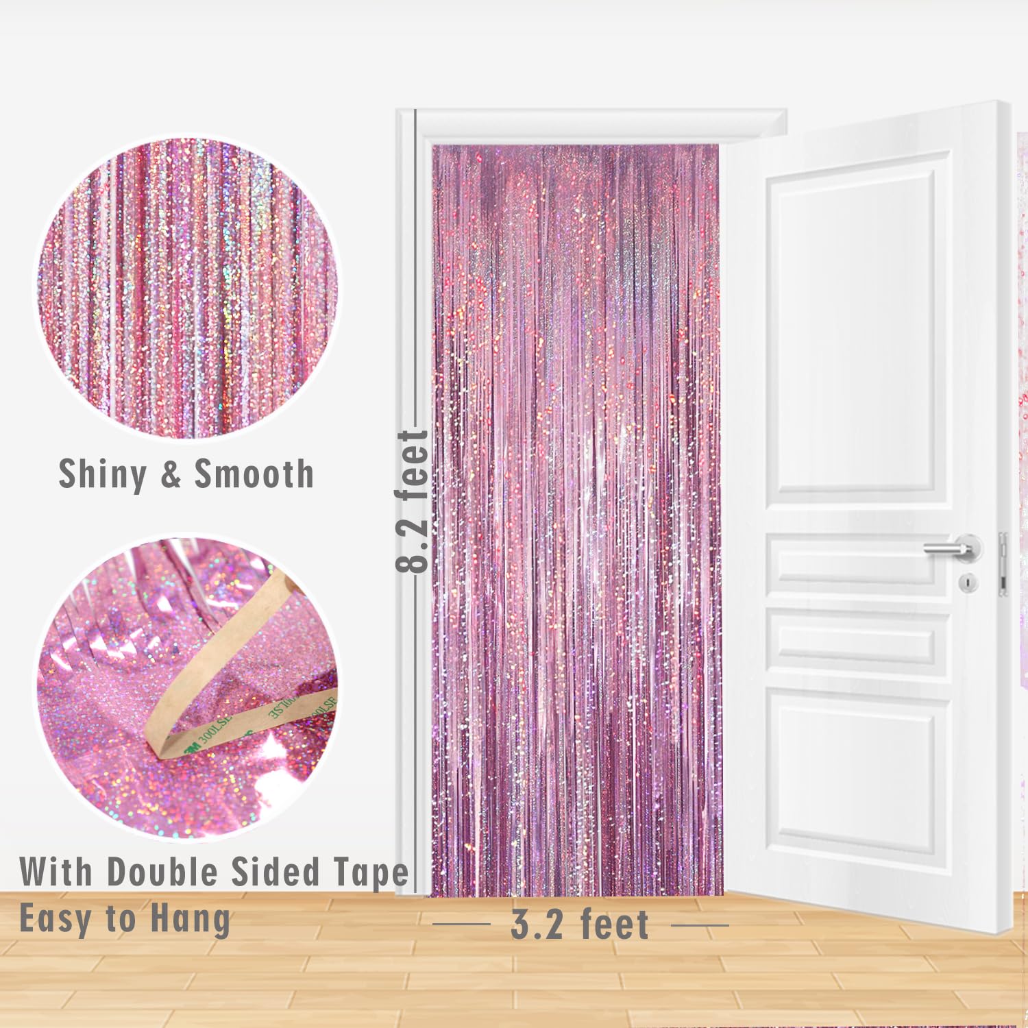 GOER 3.2 ft x 8.2 ft Metallic Tinsel Foil Fringe Curtains - Laser Pink Party Backdrop for Birthday, Wedding, Graduation Decorations | Photo Booth Background, New Year Eve Party Decor, Baby Shower & Holiday Celebration (1 Pack)