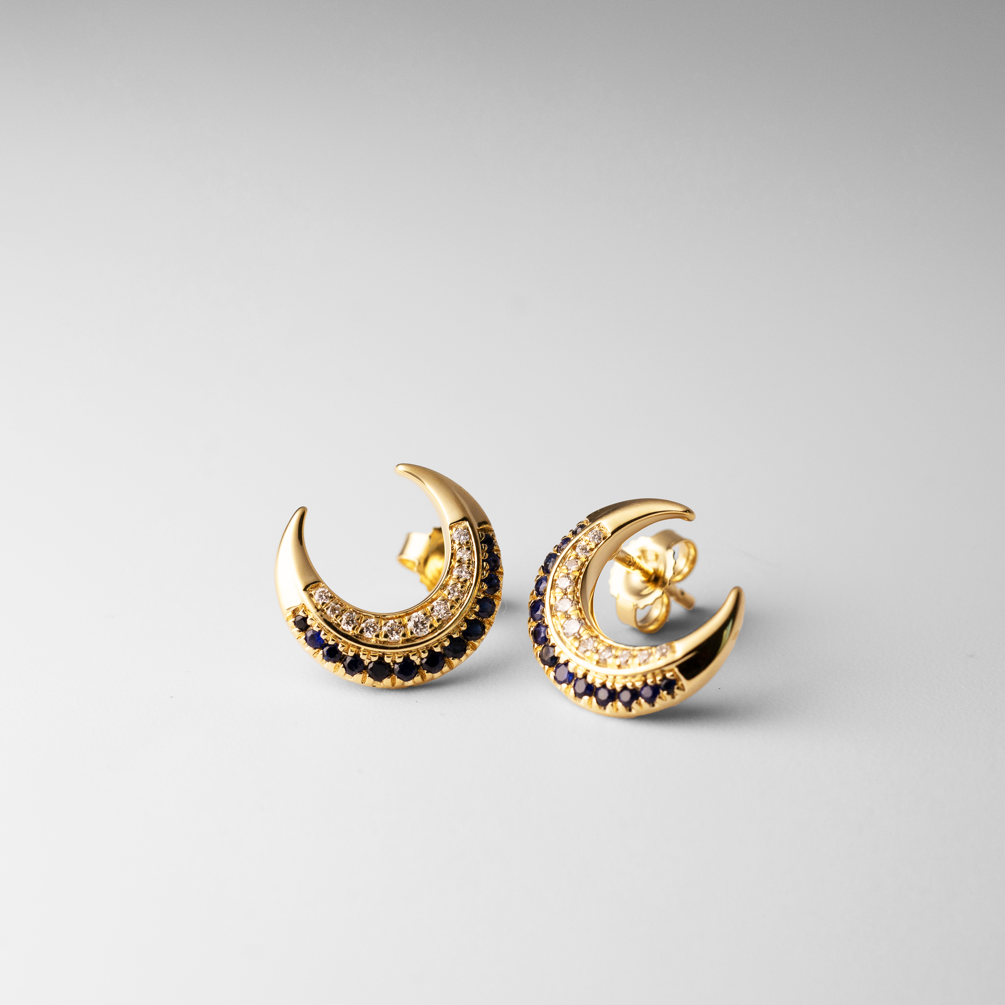 Gold Polished Moon Sapphire and Diamond Post Earrings - Model EM6847 SA 011 YA - Elegant Jewelry for Weddings, Parties & Special Occasions