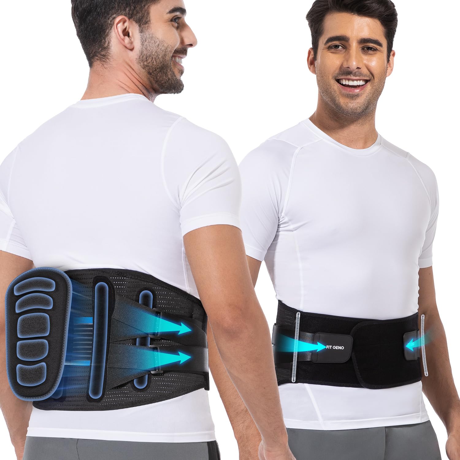 Fit Geno Adjustable Lumbar Support Back Brace for Women & Men - Lower Back Pain Relief with Comfortable Support Pad - Ideal for Work, Sports, Gym & Daily Activities (Medium)